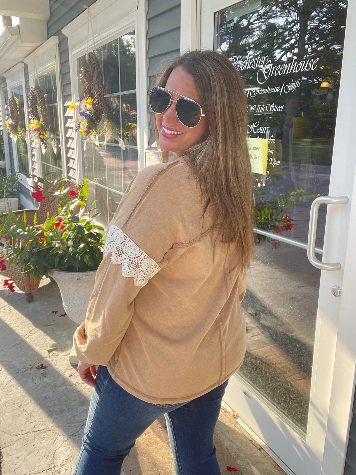 CAMEL FRENCH TERRY OVERSIZED V NECK LACE PULLOVER