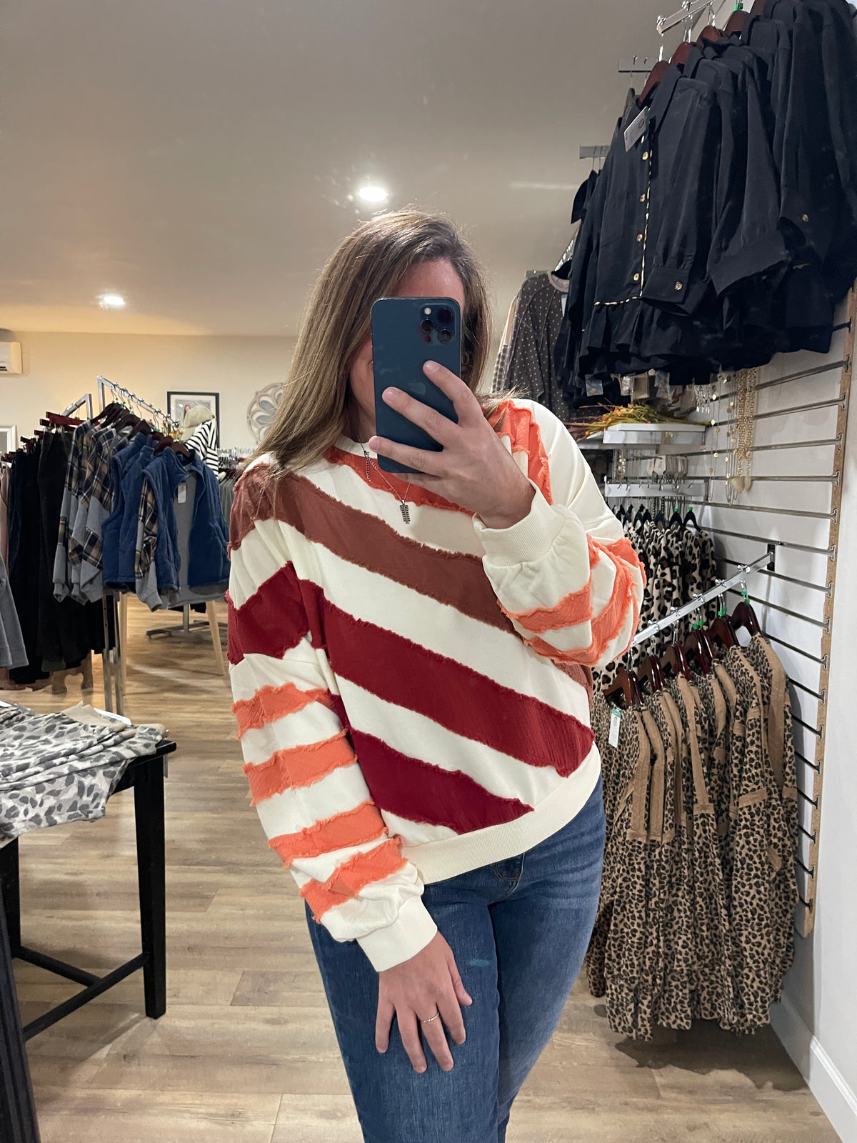 RUST MULTI STRIPED FRENCH TERRY PULLOVER
