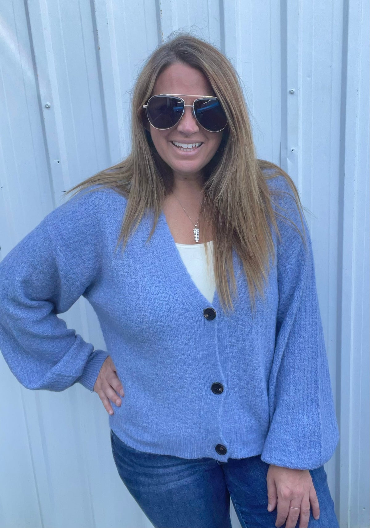 DUSTY BLUE V NECK BUTTON CARDIGAN/SWEATER