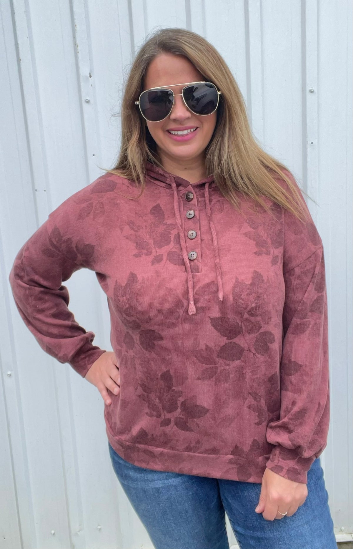 MARSALA Half Button, Long Sleeve, Floral Printed Drawstring Hoodie