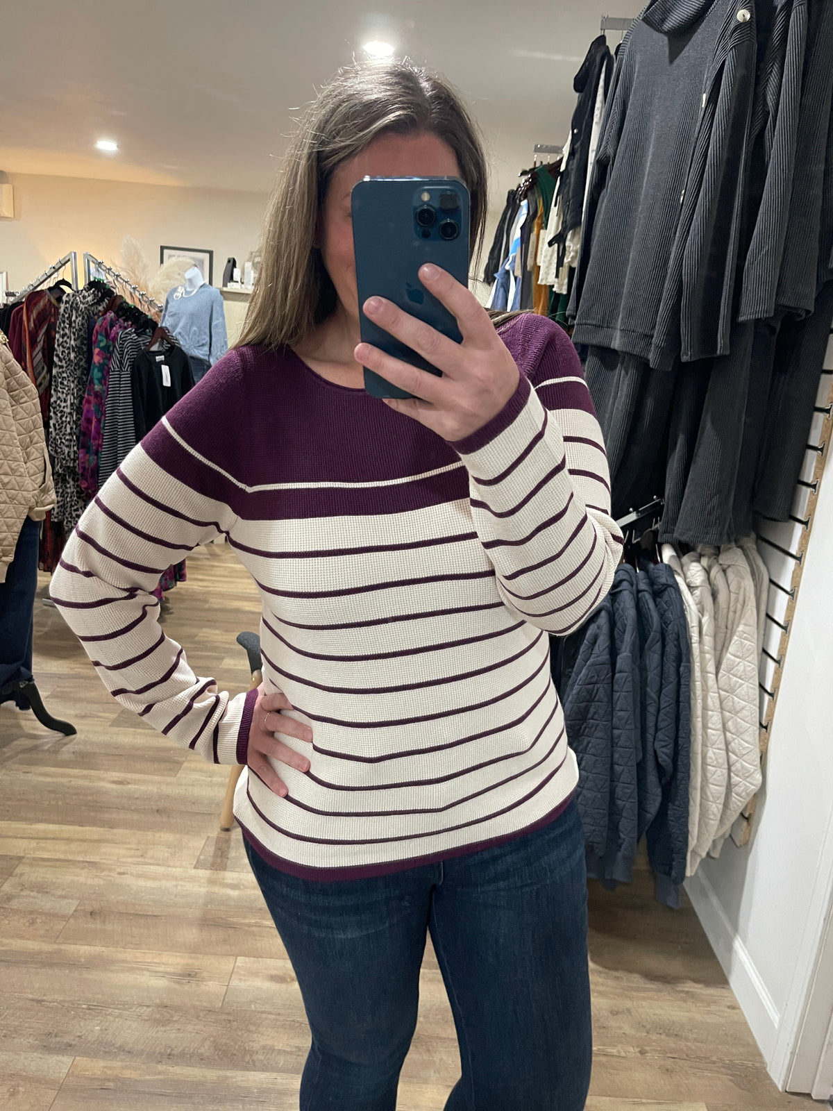 PLUM STRIPED WAFFLE TEXTURED KNIT TOP