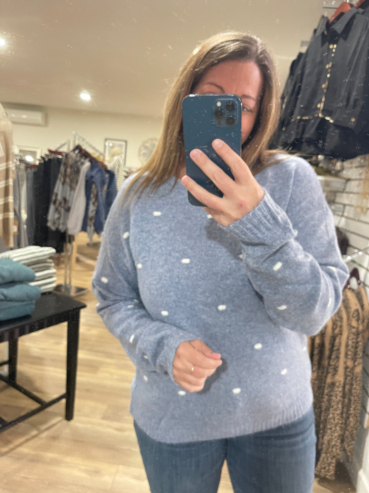 BLUE Textured Dot Detail, Wide Crew Neck, Pullover Sweater