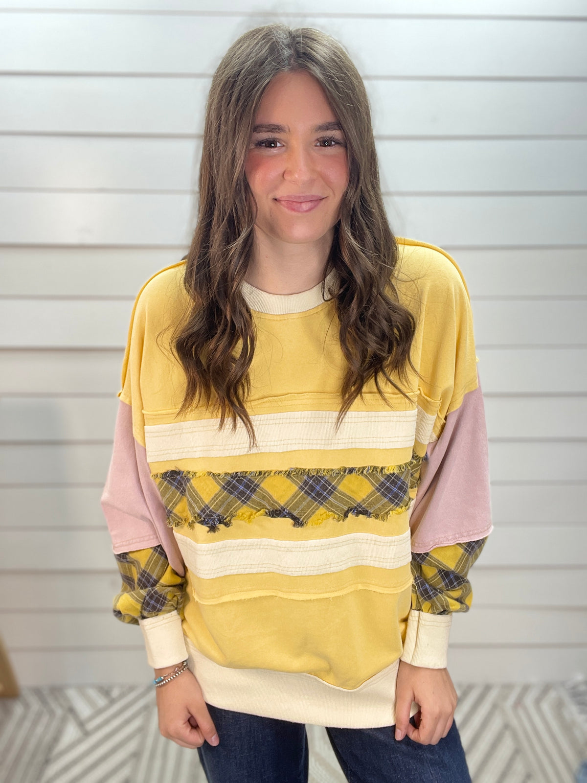 YELLOW/LAVENDER/BLUE PLAID CONTRAST EXPOSED SEAM TOP