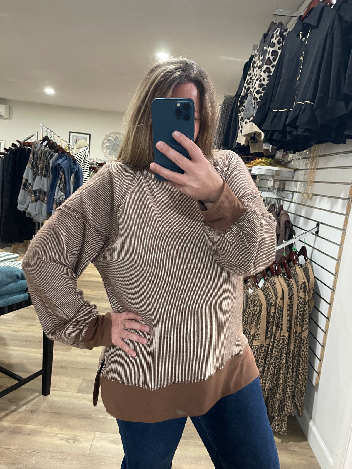 Chocolate pin striped knit top w/ side slit