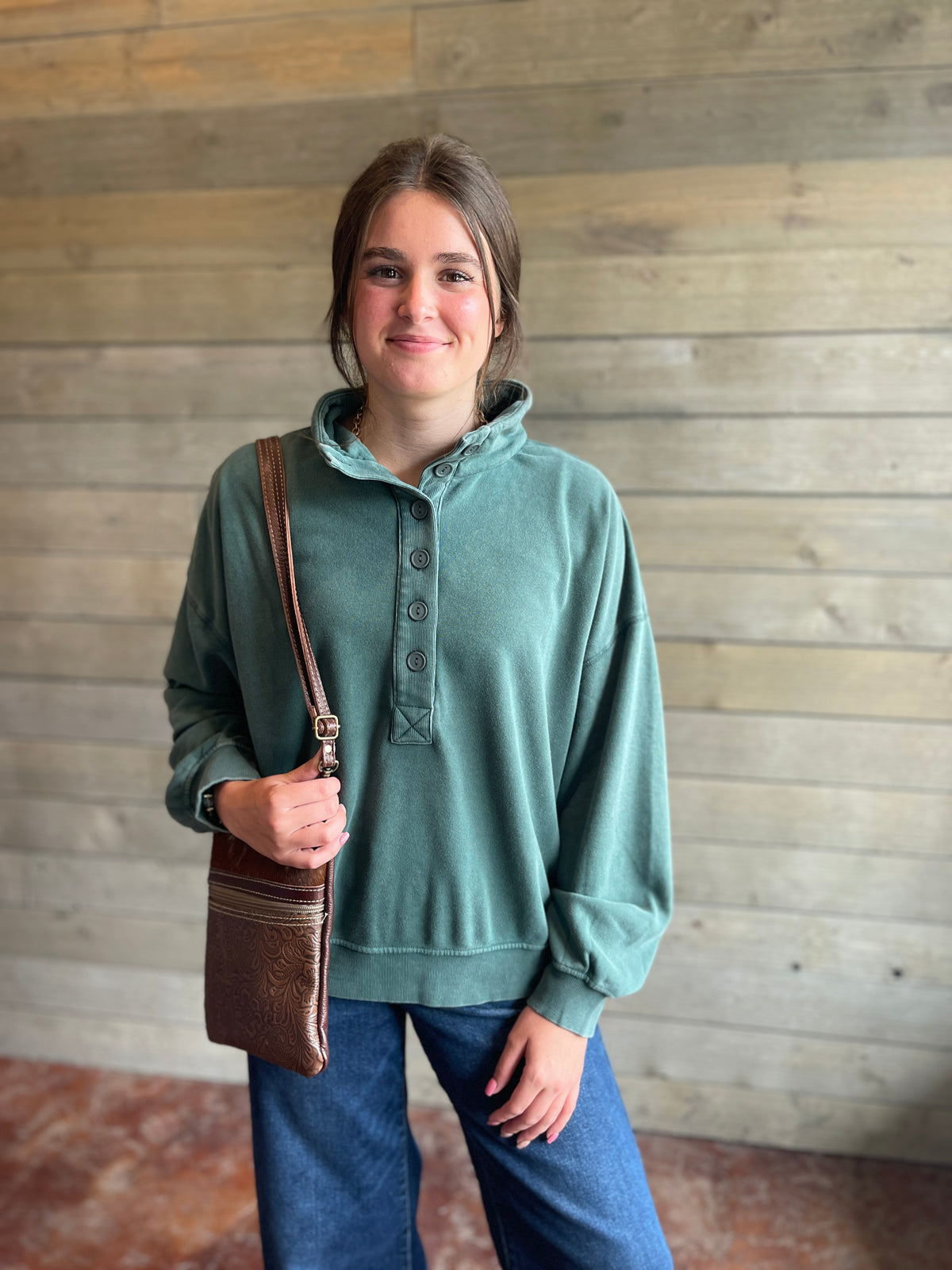 Dark Green Ultra Soft Mineral Wash Half Button Pullover