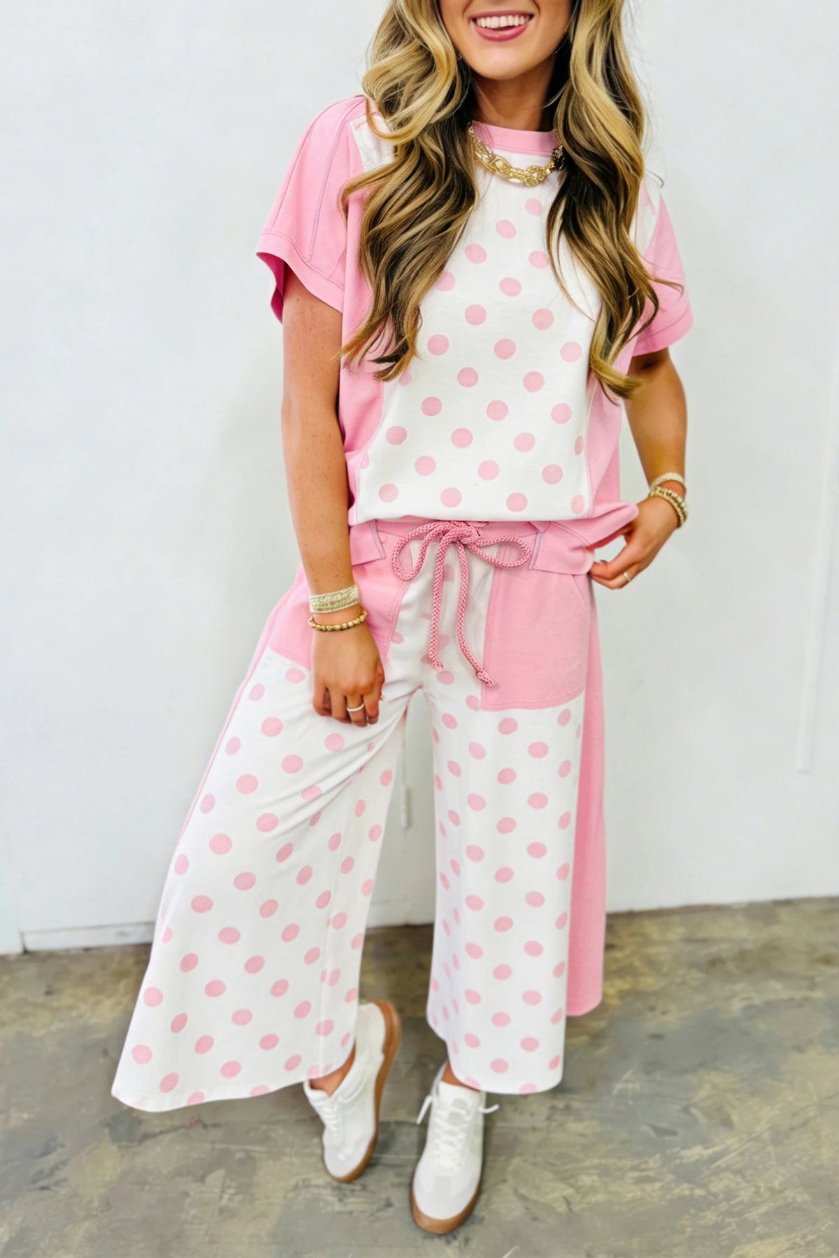 PINK PATCHWORK POLKADOT KNIT TOP