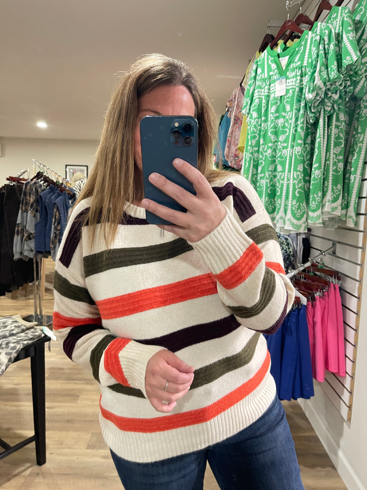 OLIVE/ORANGE Multi Color Pintuck Texture Striped, Long Sleeve SWEATER