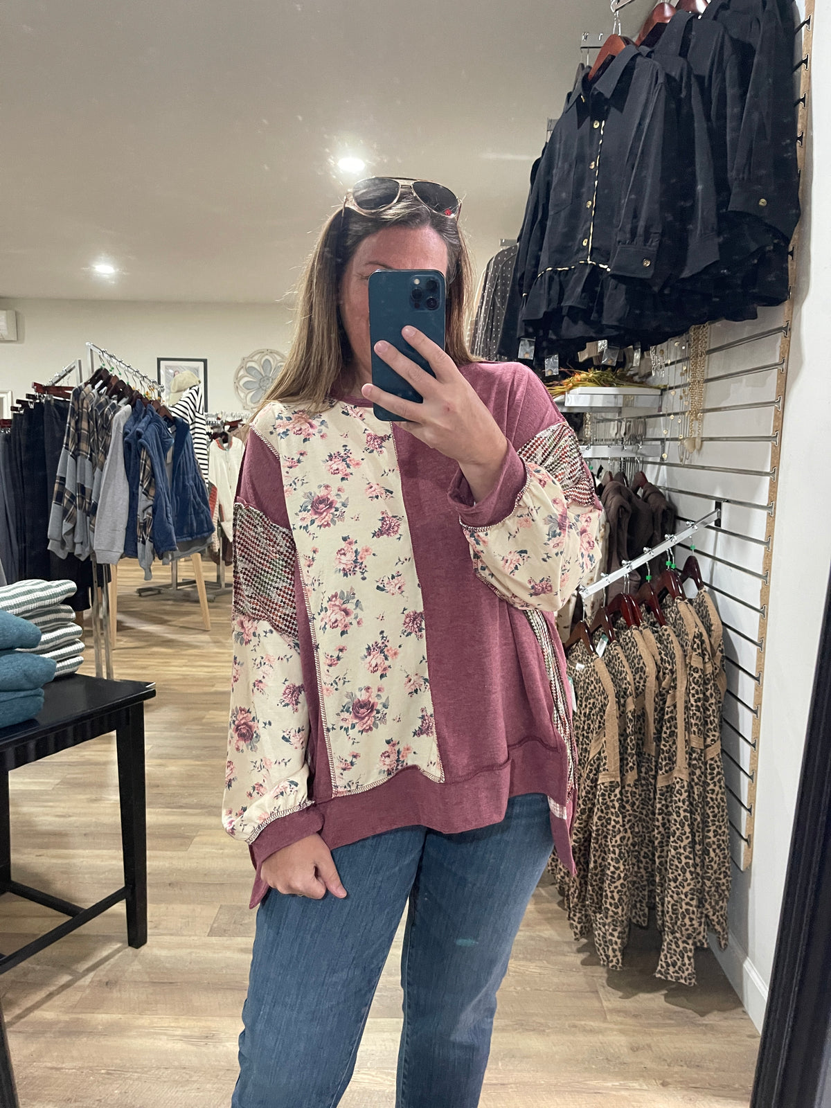 BURDUNDY/TAUPE Round Neck Oversized Loose Fit Pullover Top Featuring Mixed Fabric Paneling