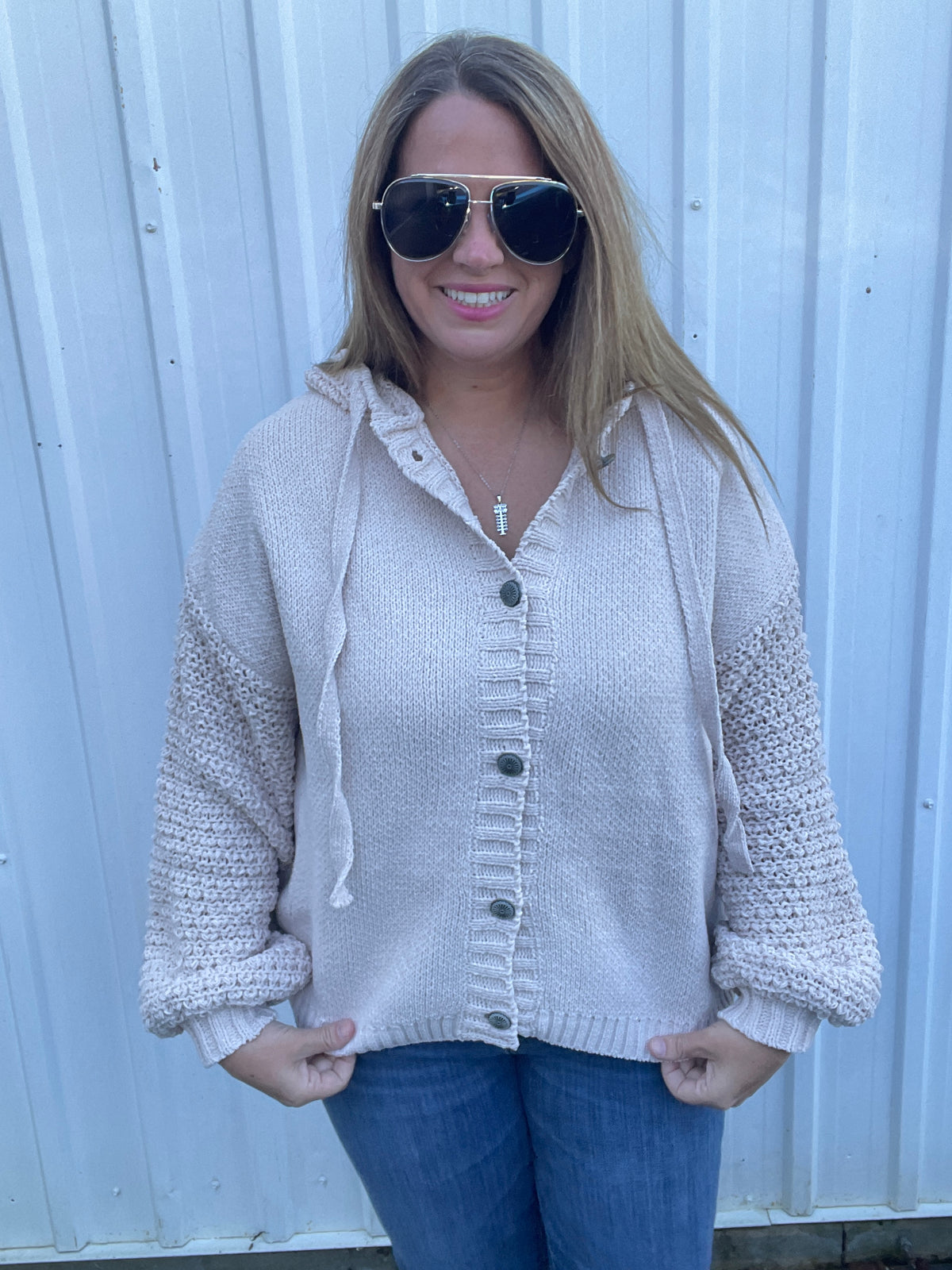 BEIGE BUTTON DOWN HOODED OVERSIZED SWEATER WITH KNITED SLEEVES