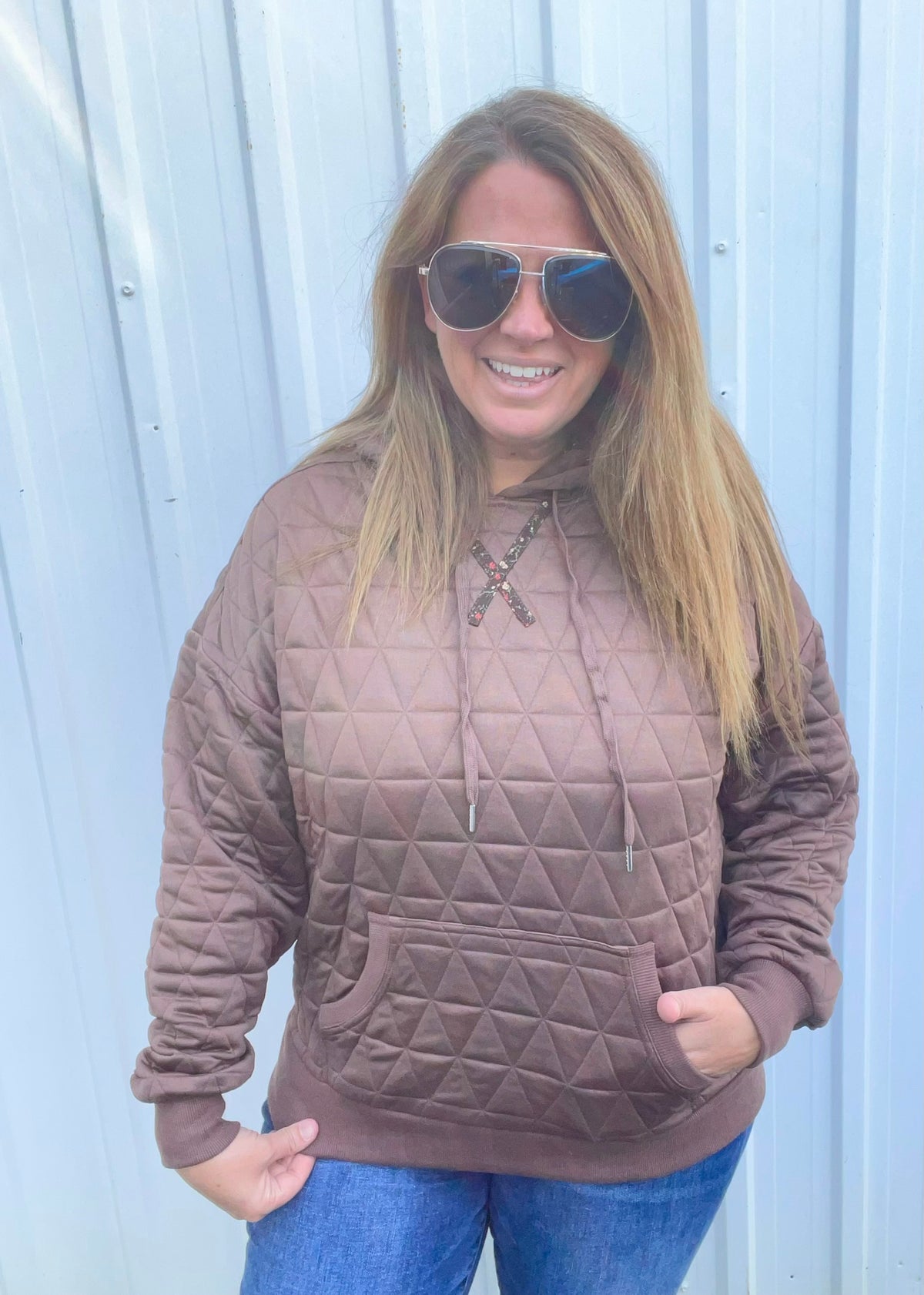 BROWN Quilted Hoodie Pullover Top With Contrast Floral Print