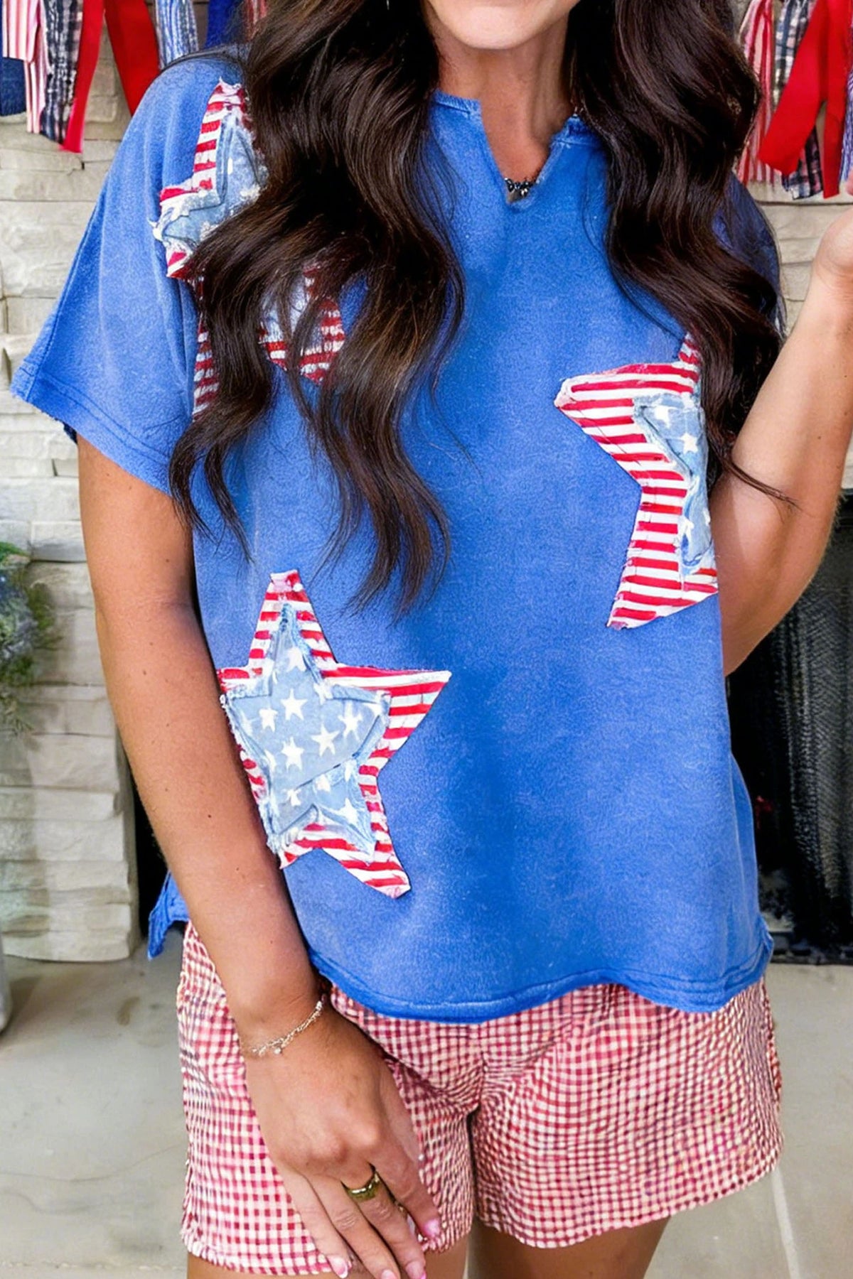 BLUE MINERAL WASH STAR KNIT TOP