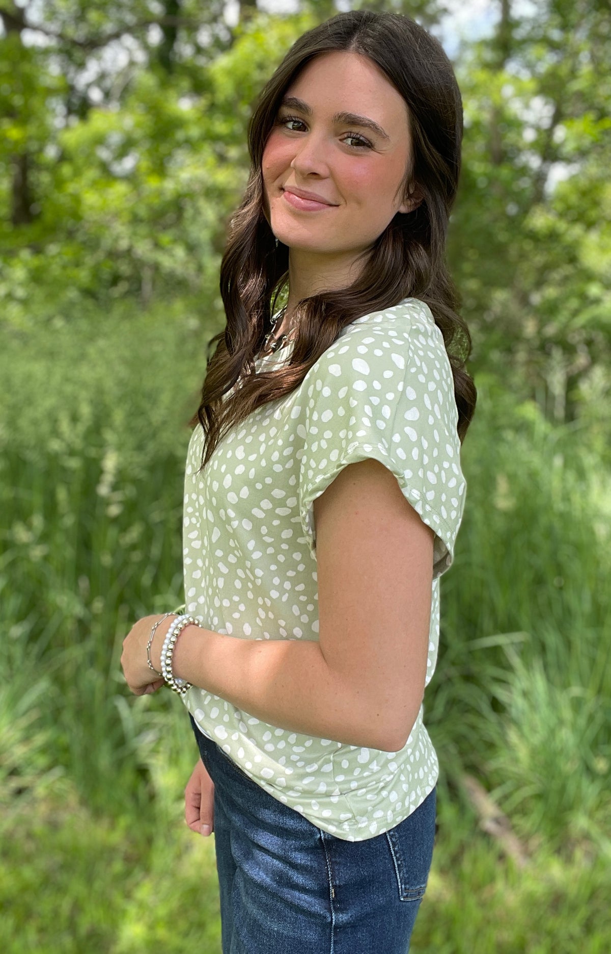 SAGE DOT PRINT BUTTER KNIT TOP