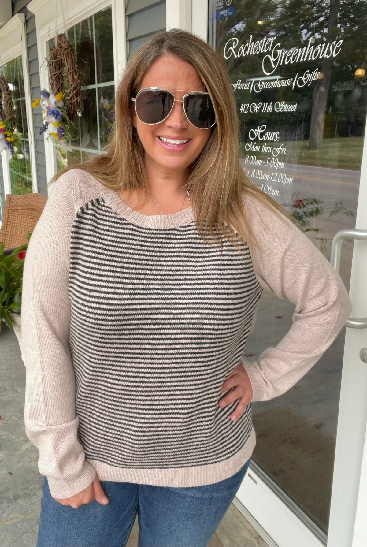 TAUPE Baseball, Long Sleeve, Color Blocked, Pinstriped Crewneck Sweater