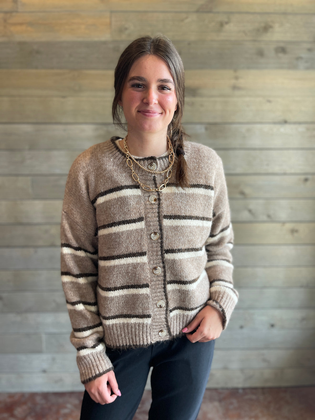 BROWN MULTI STRIPE BUTTON DOWN KNIT SWEATER/CARDIGAN
