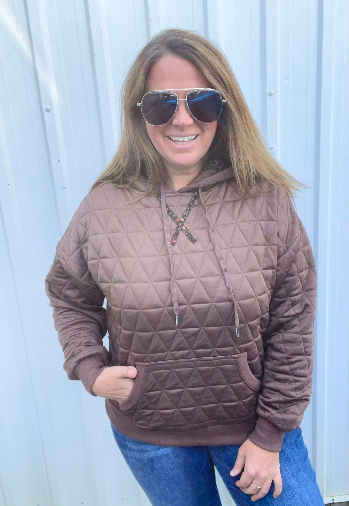 BROWN Quilted Hoodie Pullover Top With Contrast Floral Print