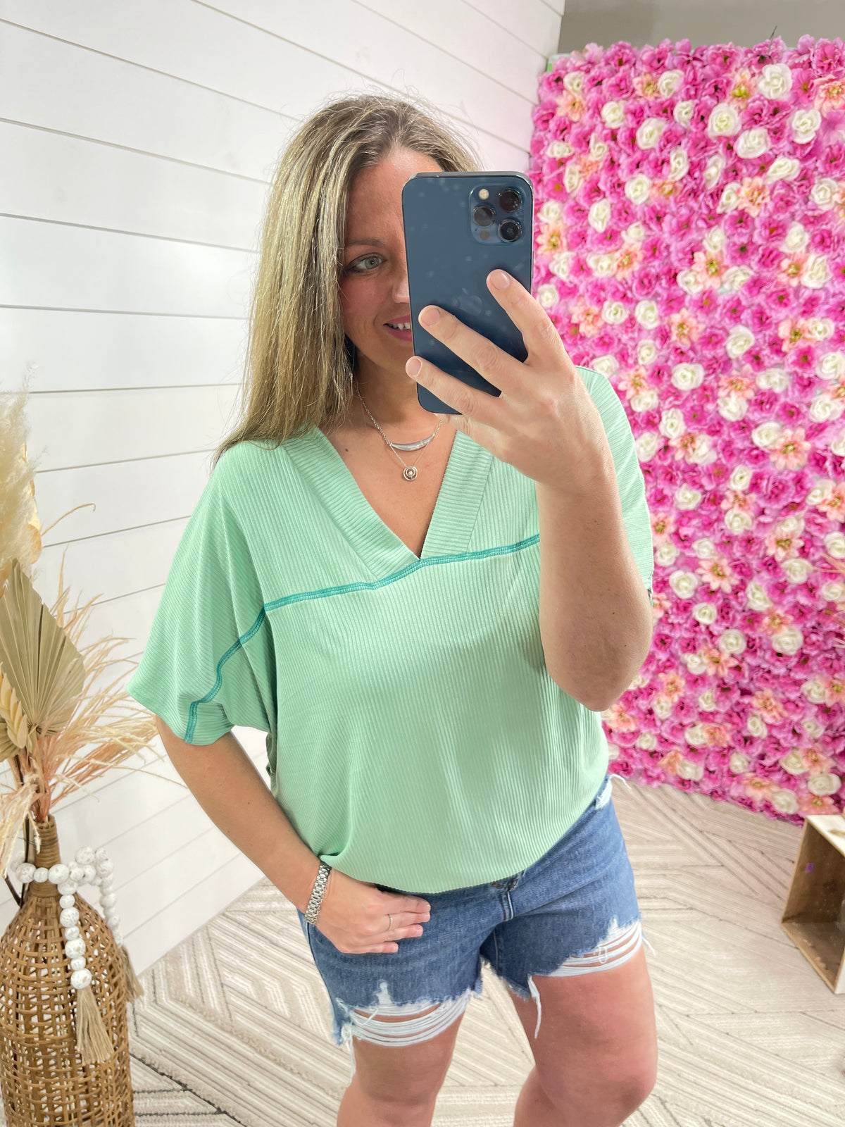 SEA GREEN RIBBED V NECK DOLMAN TOP