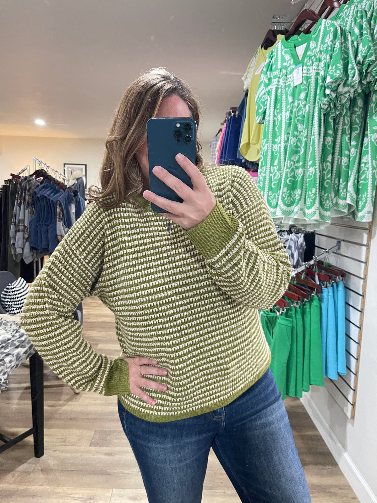 GREEN Color Trimmed Long Sleeve 2 Tone Waffle Striped Crew Neck Pullover Sweater