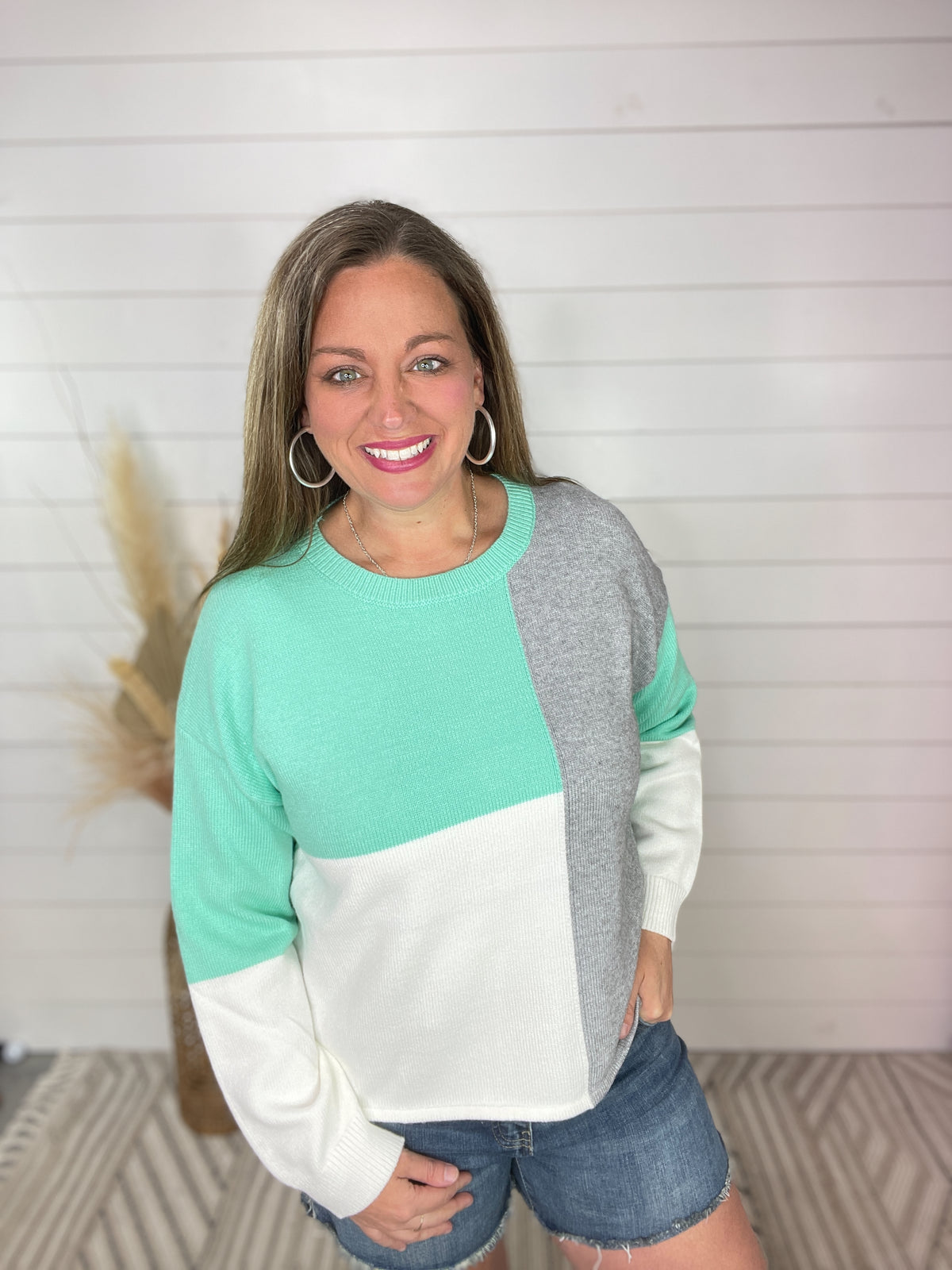 MINT/WHITE/GREY COLORBLOCK SWEATER