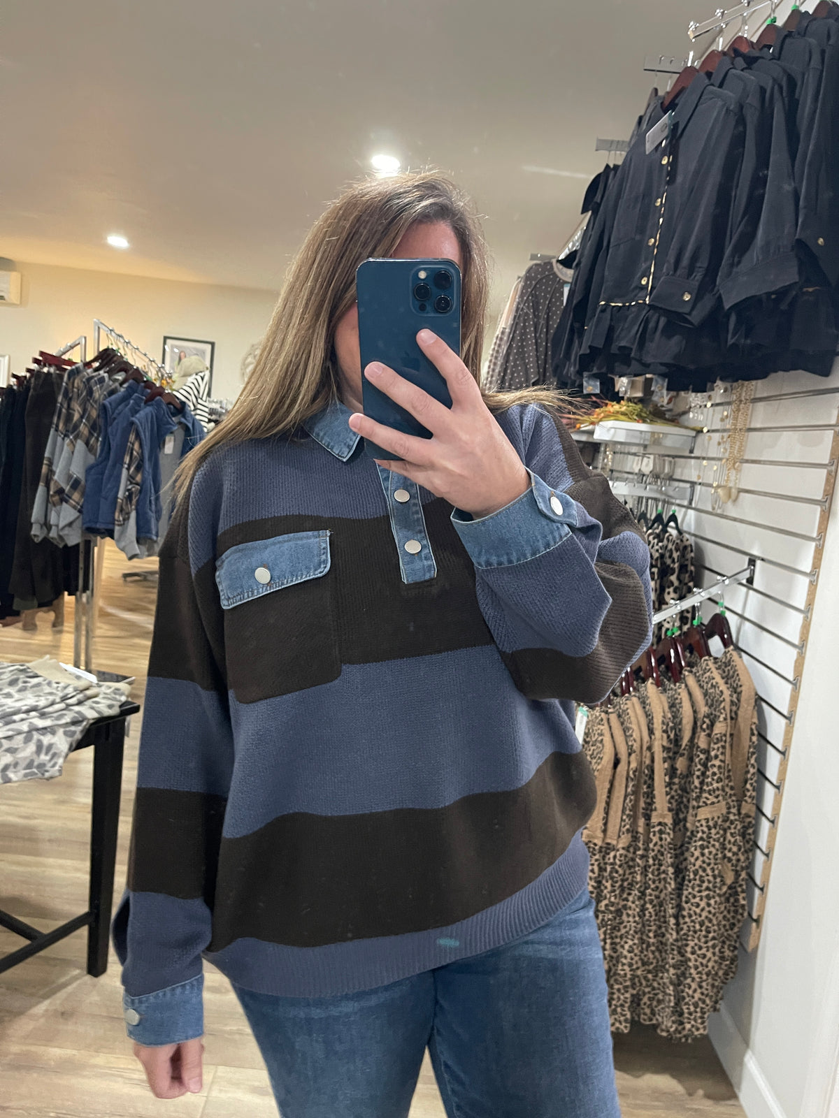 BROWN/SLATE BLUE STRIPED KNIT SWEATER W/ DENIM TRIM