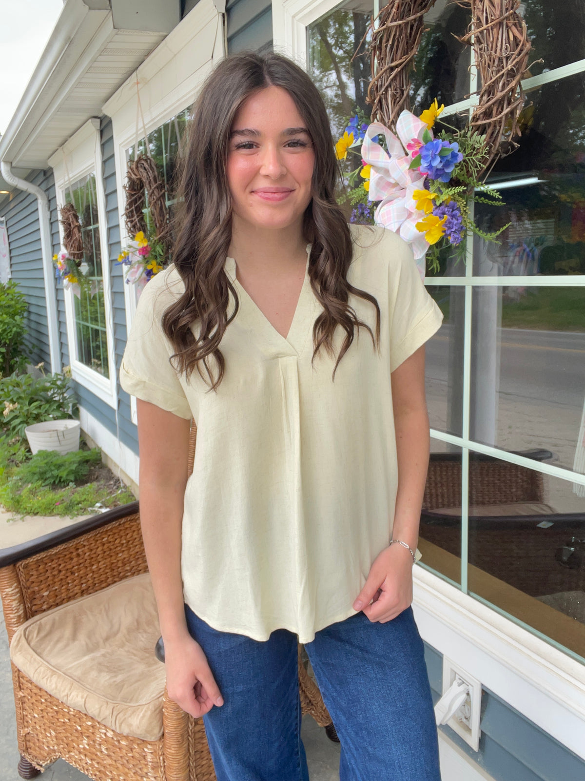 BUTTER YELLOW V NECK WOVEN TOP W/ BACK BUTTON DETAIL
