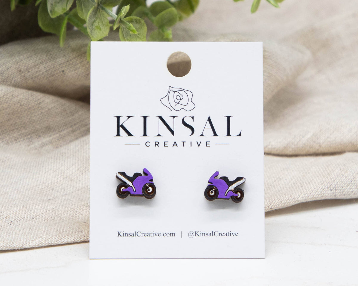 Kinsal Creative - Motorcycle Wood Stud Earrings: Red