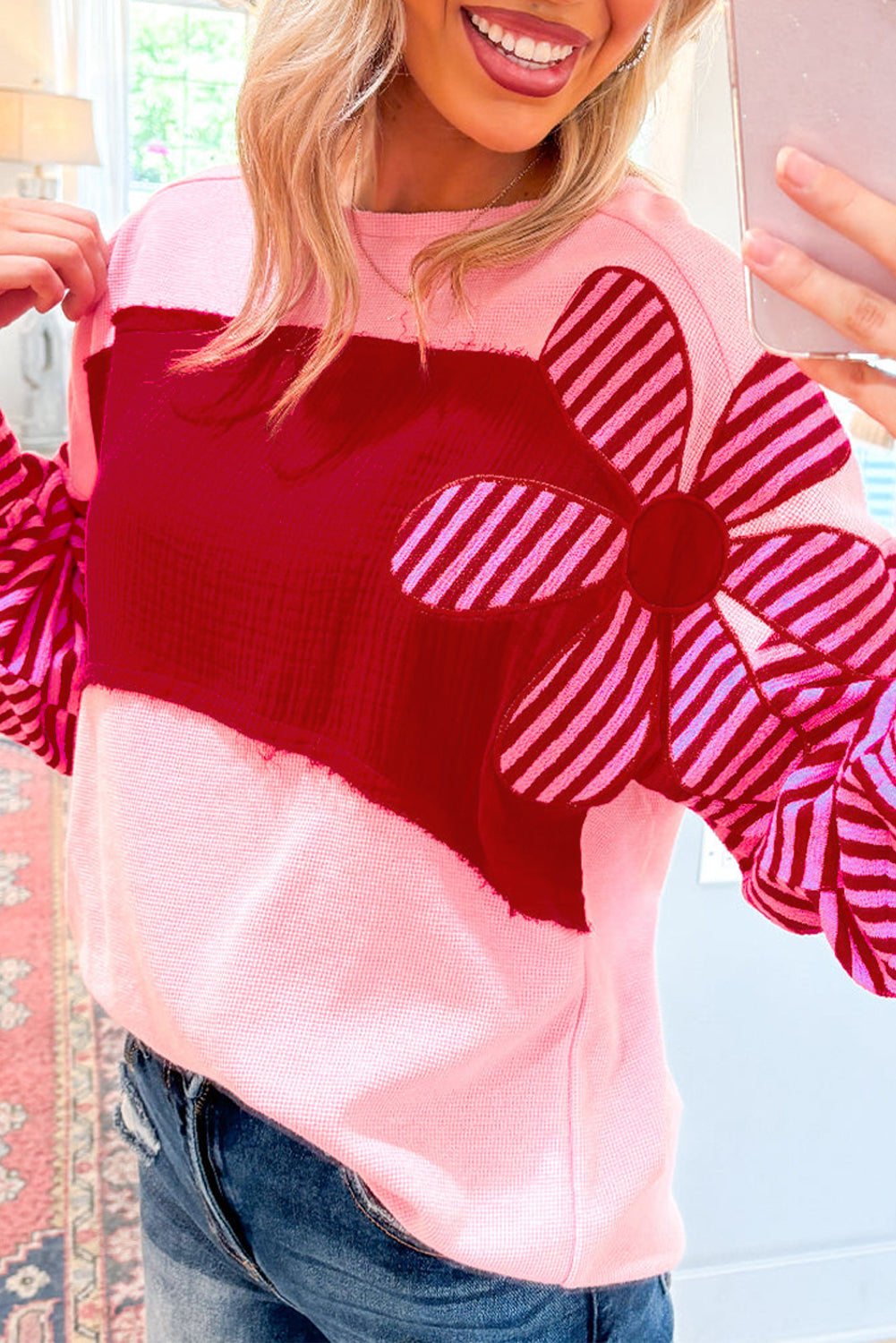 PINK FLORAL PATCH COLORBLOCK STRIPED TEXTURED SLEEVE TOP