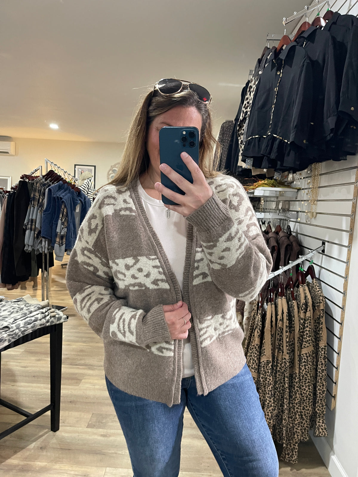 LT MOCHA Leopard Stripe Color Blocked, Open Front SWEATER CARDIGAN