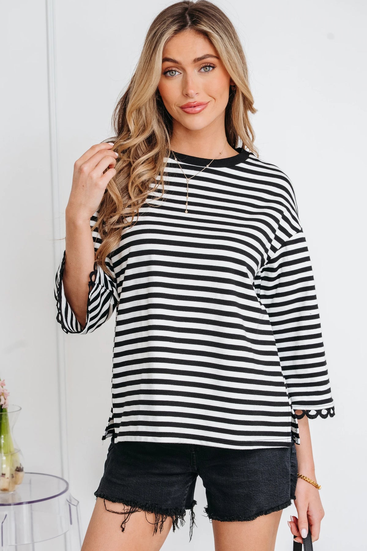 BLACK/WHITE STRIPED DROP SHOULDER KNIT TOP W/ LACE TRIM