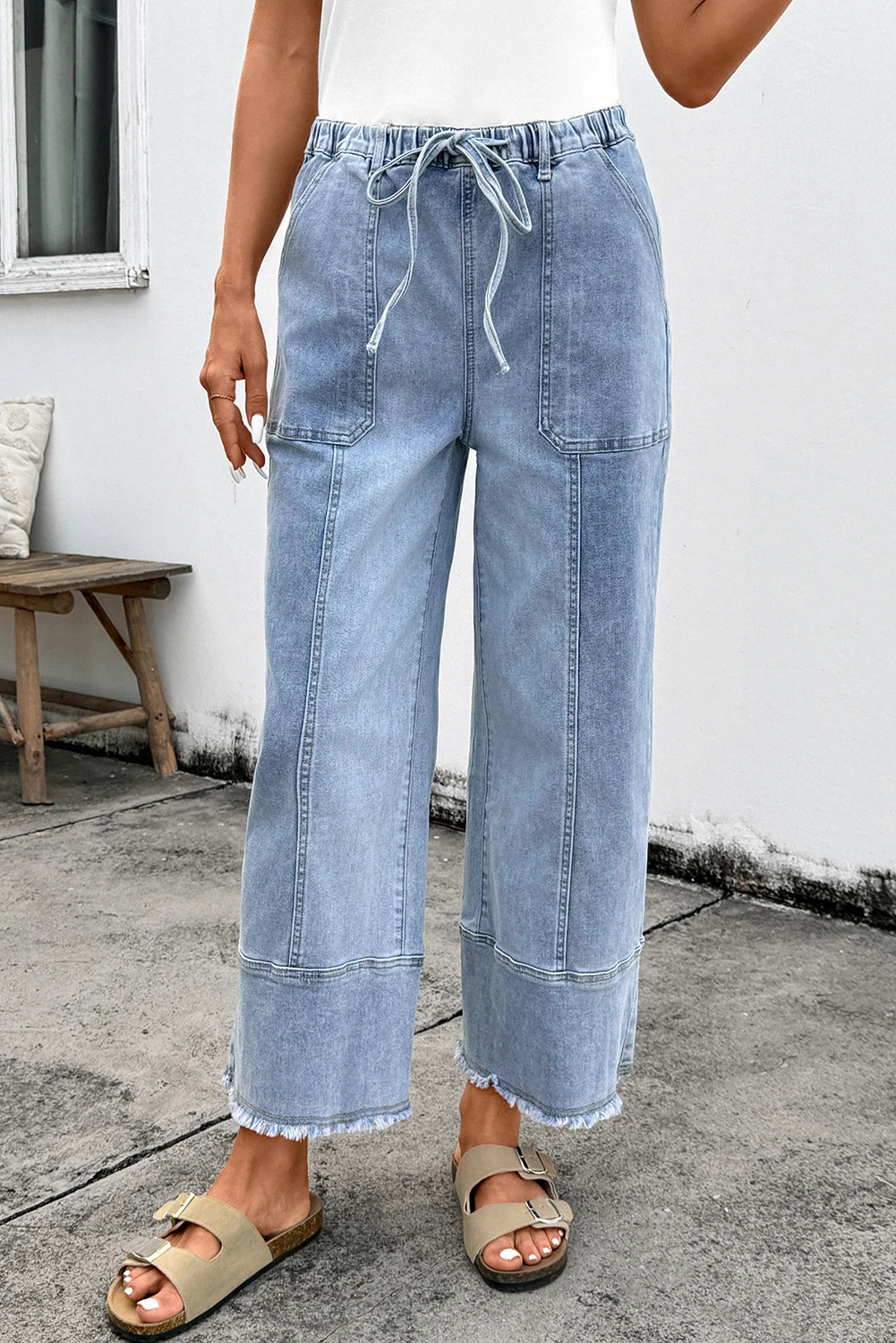 LIGHT DENIM WIDE LEG DRAWSTRING JEANS