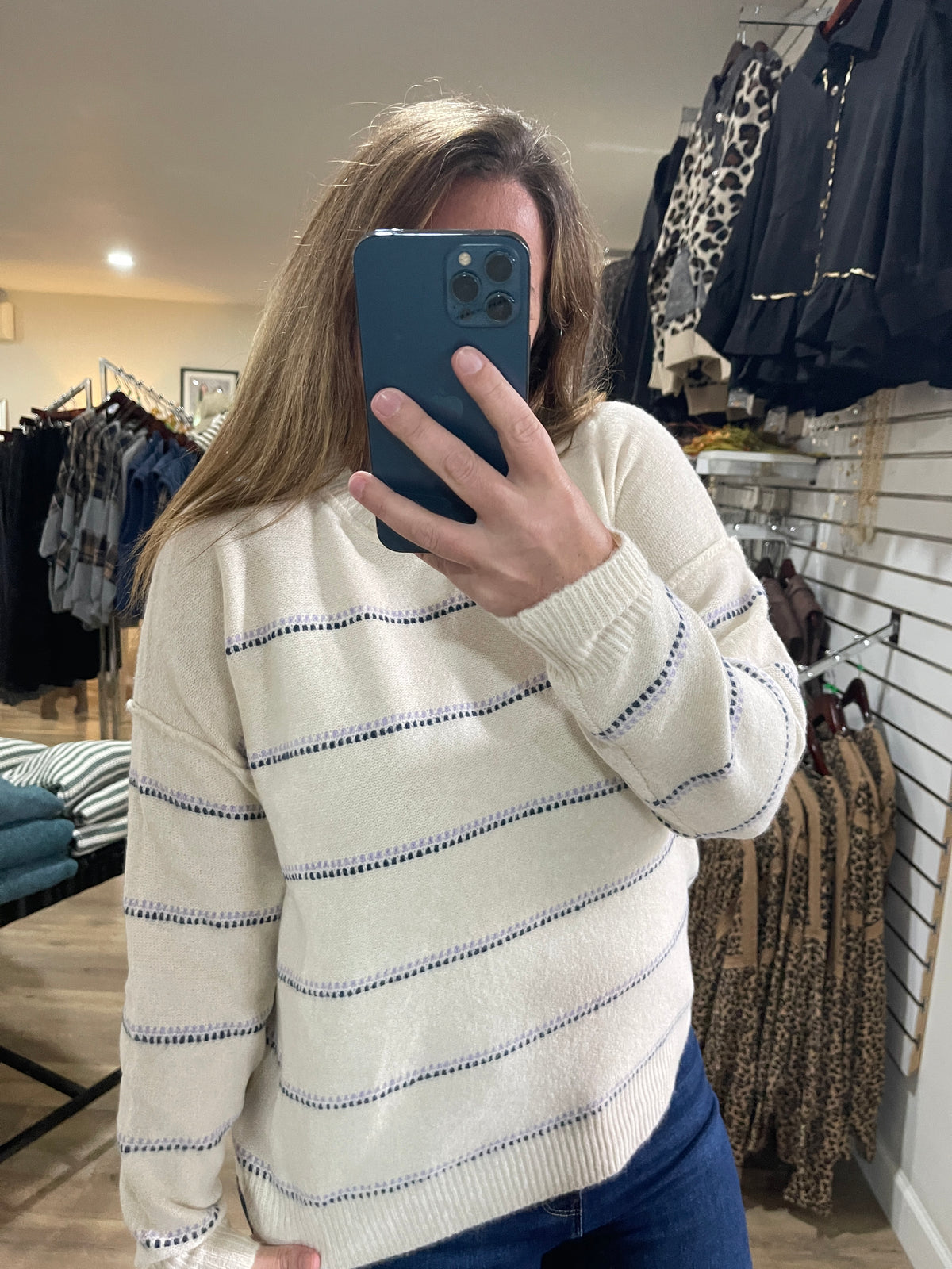 OATMEAL/LAVENDER Texture Multi Striped, Crew Neck, Long Sleeve knit sweater