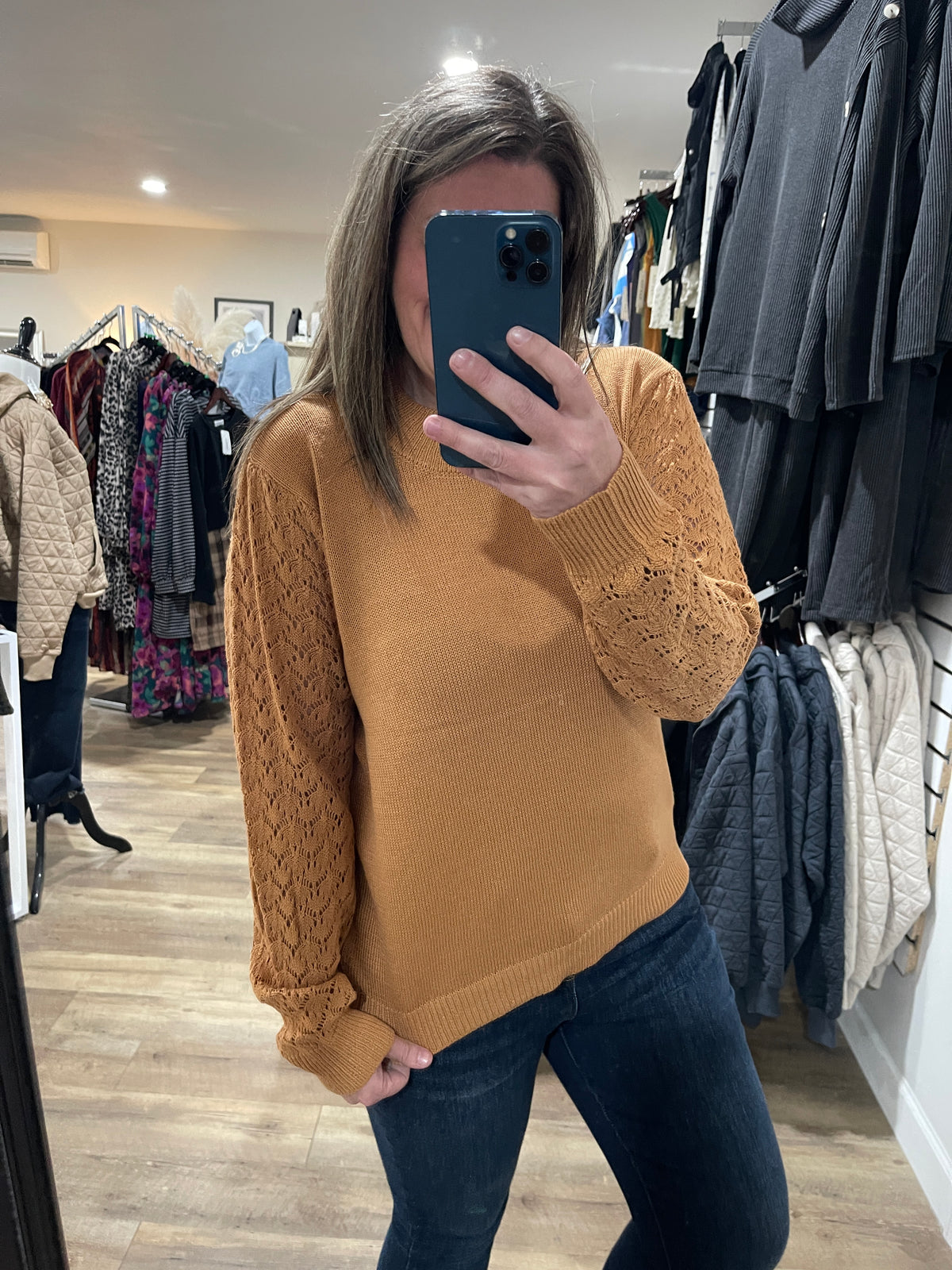 MUSTARD OPEN KNIT SLEEVE PULLOVER SWEATER