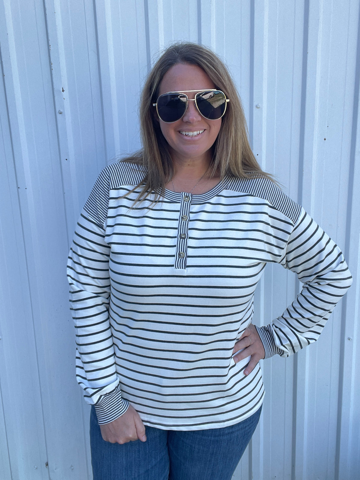 Ivory/Charcoal Half Button Long Sleeve Stripe Mixed Terry Top