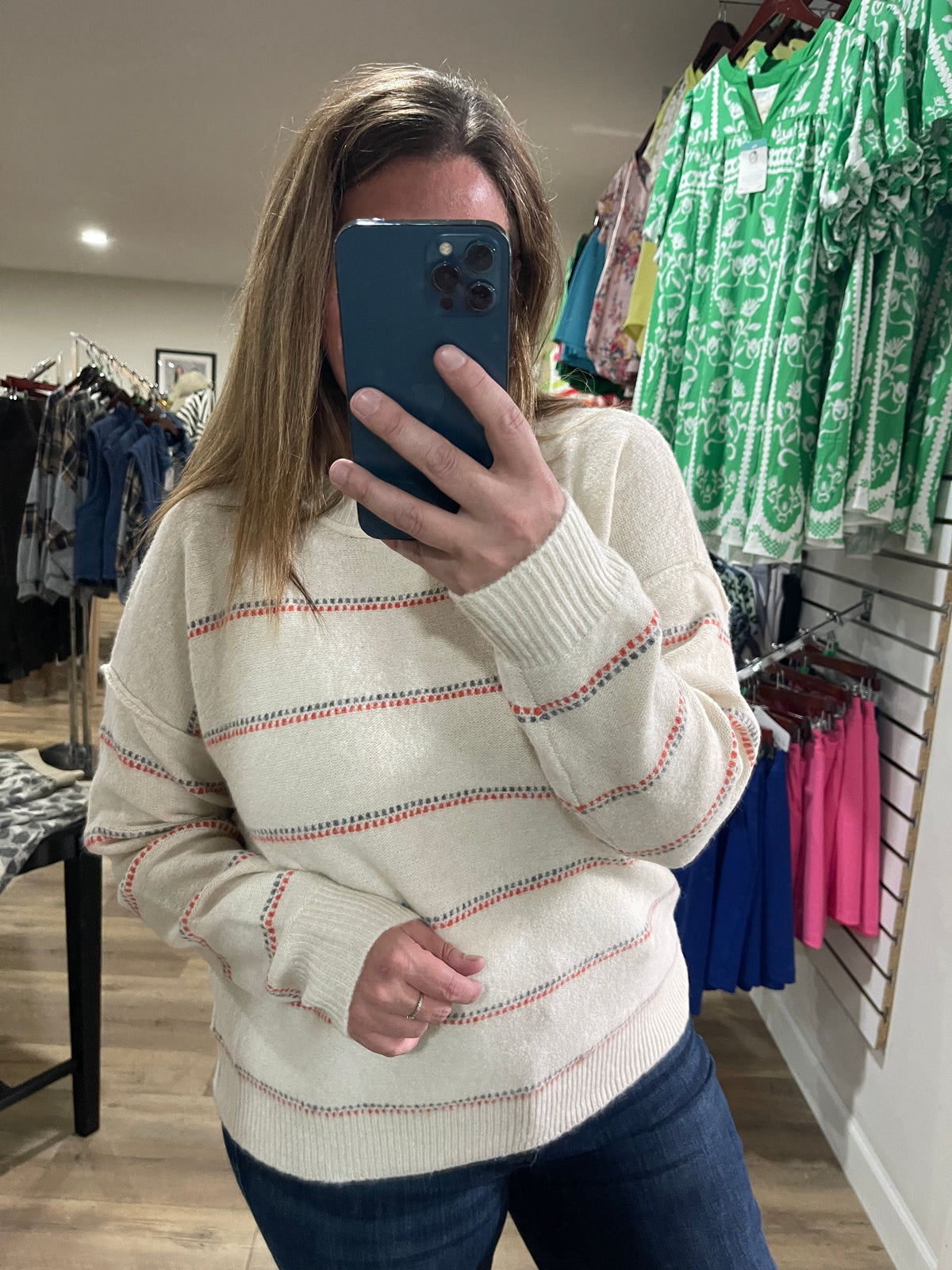 OATMEAL/ORANGE Texture Multi Striped, Crew Neck, Long Sleeve SWEATER