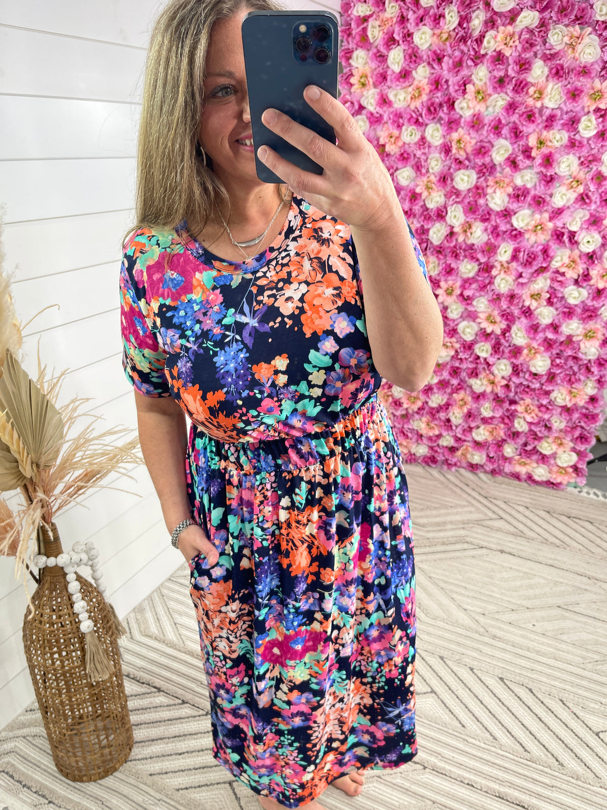 NAVY FLORAL ELASTIC WAIST MAXI DRESS