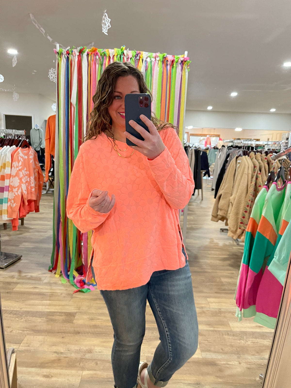 NEON CORAL FLORAL OVERSIZED V NECK TOP