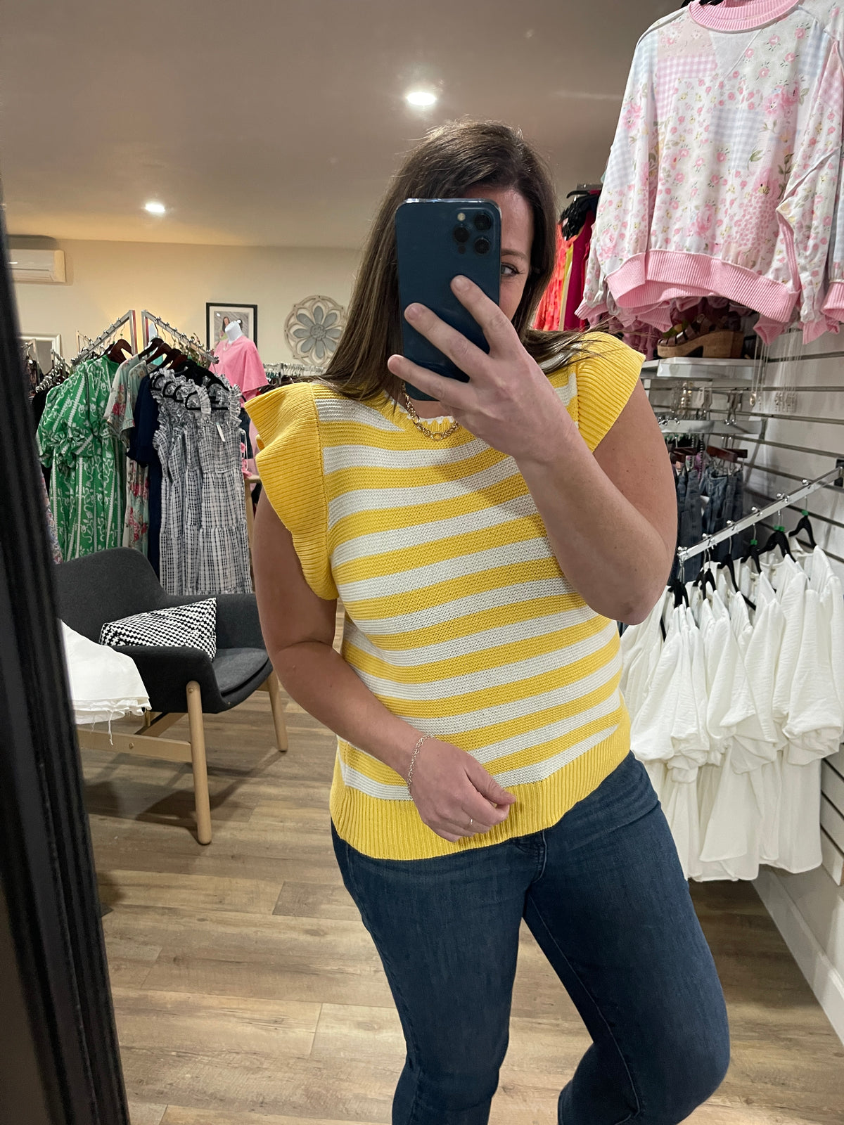 YELLOW/WHITE STRIPED SWEATER KNIT W/ RUFFLE SLEEVE