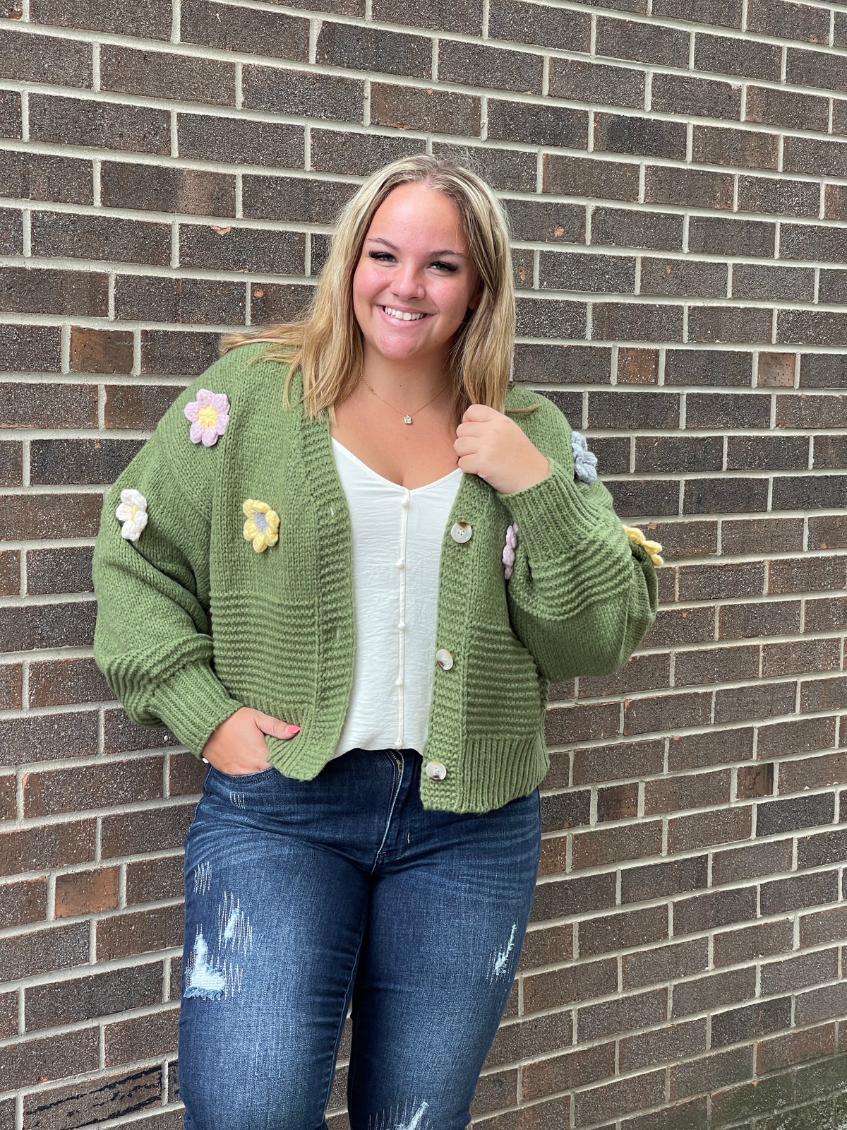 OLIVE CHUNKY FLORAL PATCH BUTTON CARDIGAN