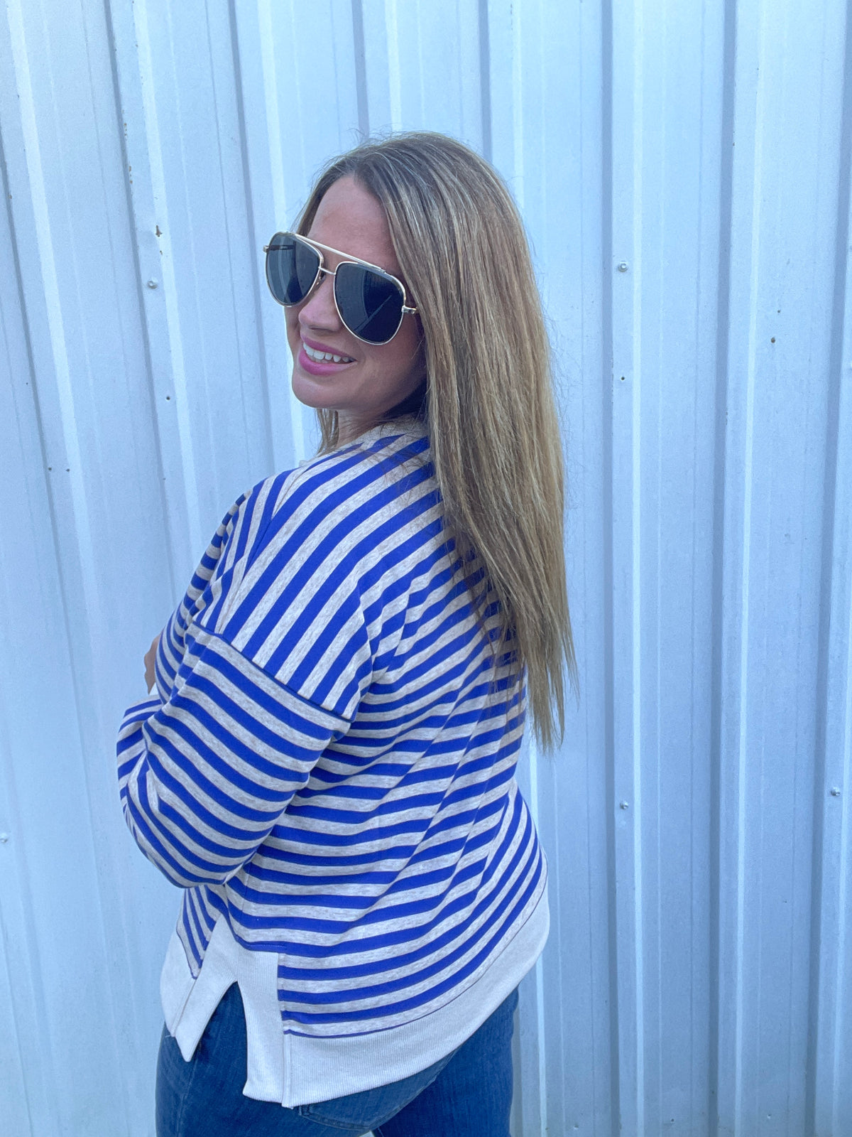 BLUE/OATMEAL Notch Neck Long Sleeve Stripe Top