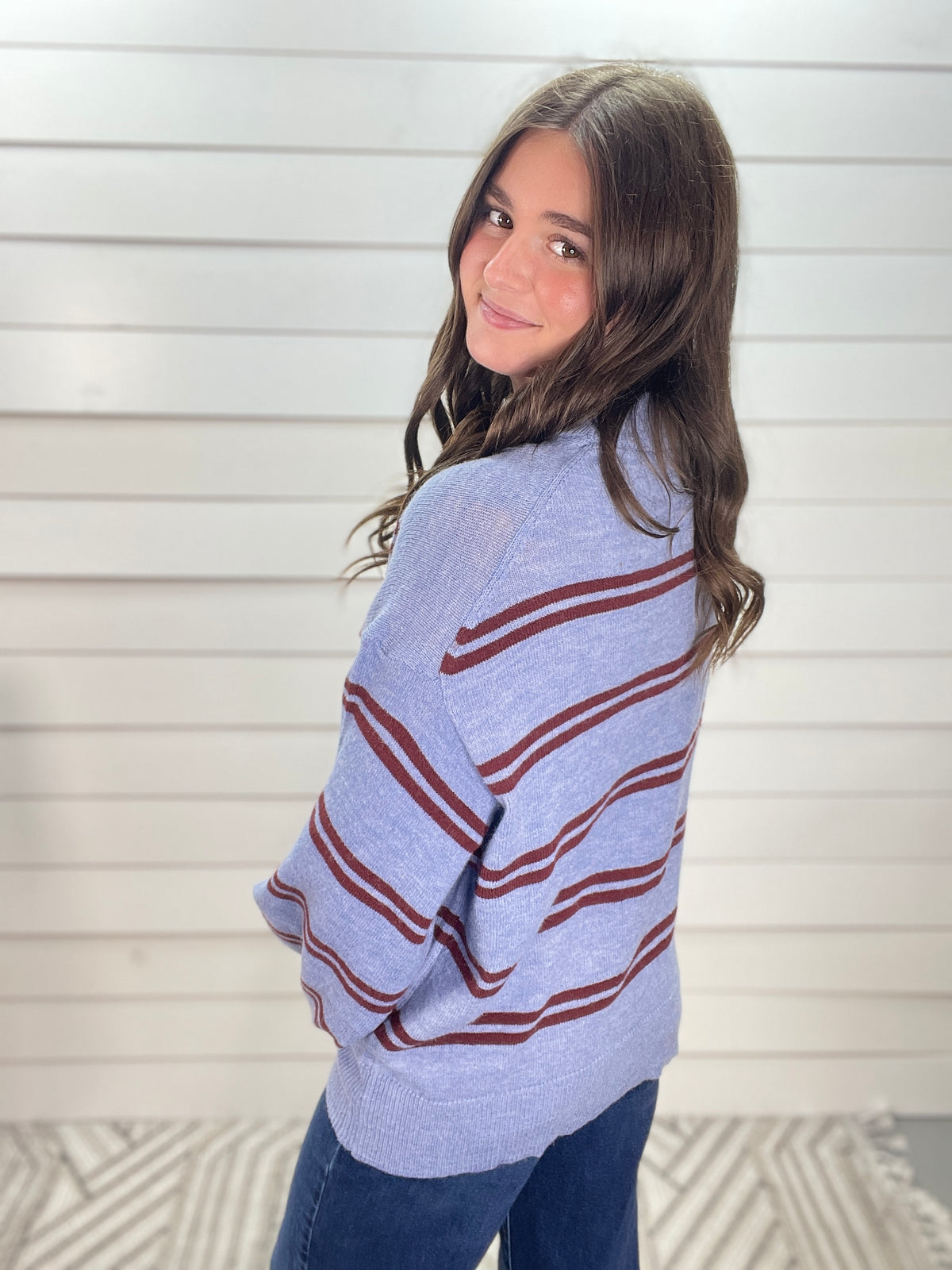 Dusty Blue Striped Soft Ligth Weight Sweater