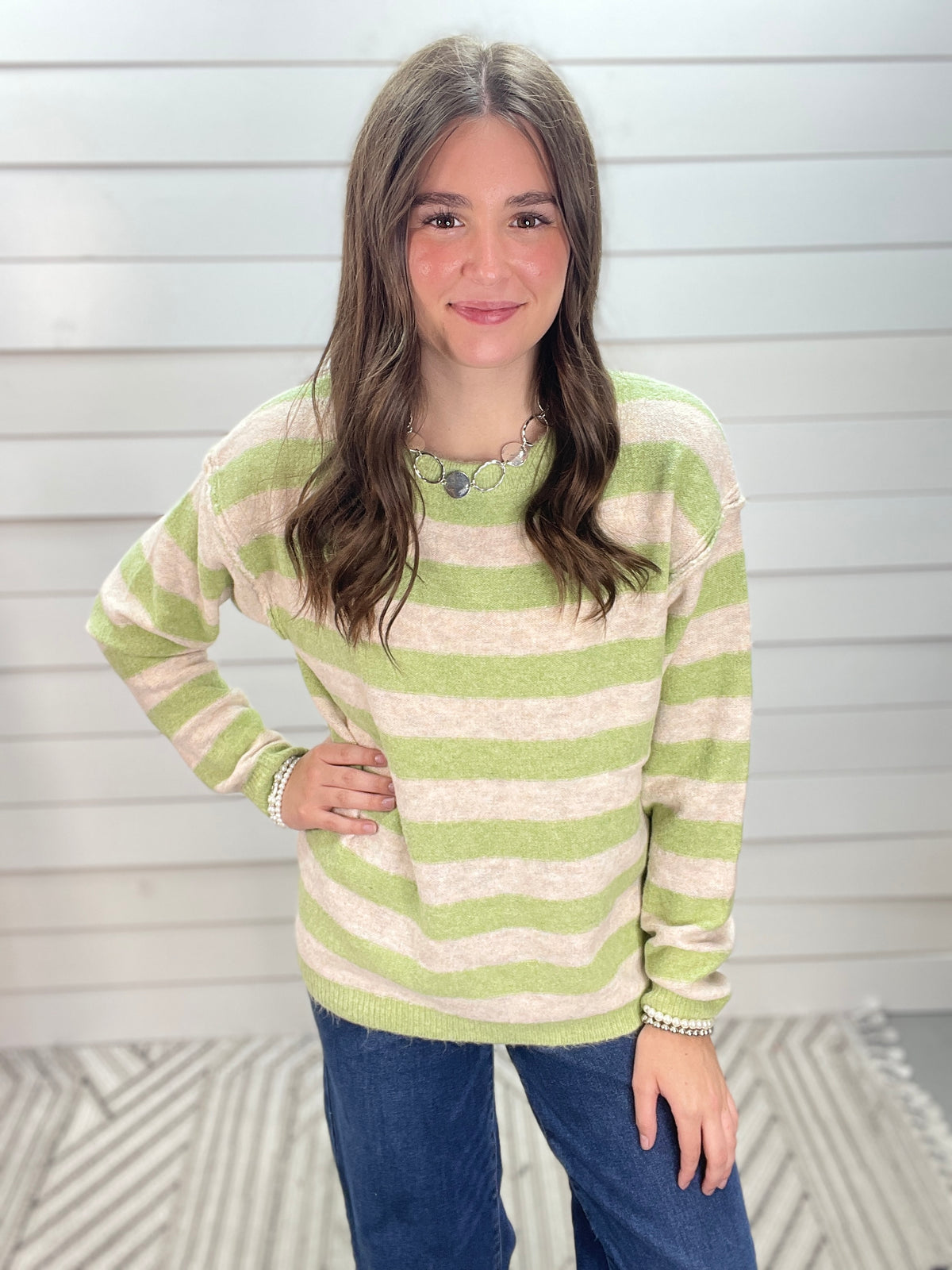 SAGE Bold Striped Long Sleeve Super Soft Crew Neck Pullover Sweater