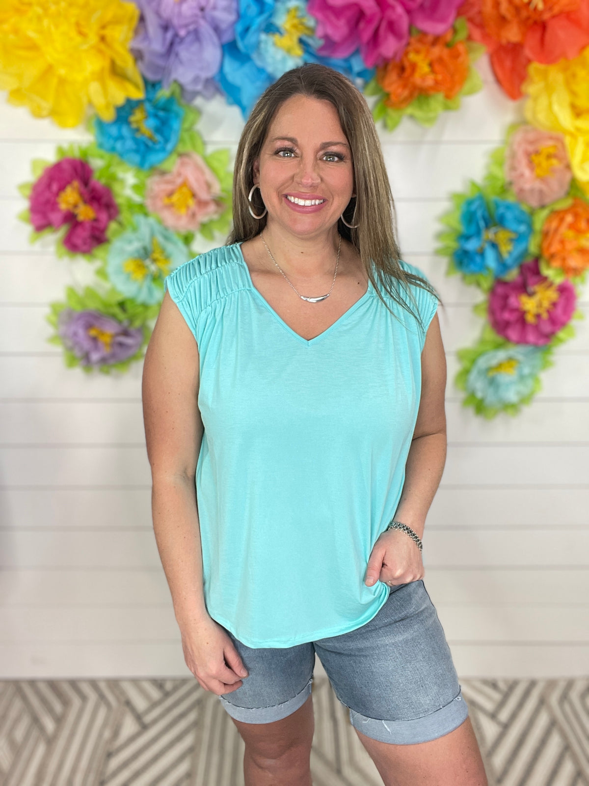 NEON MINT WRINKLE FREE TOP W/ SMOCKED SHOULDER AND TIE BACK