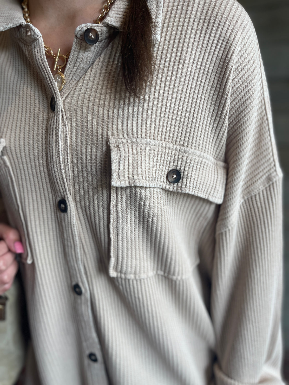 Taupe Mineral Wash Oversized Waffle Knit Button Down Top