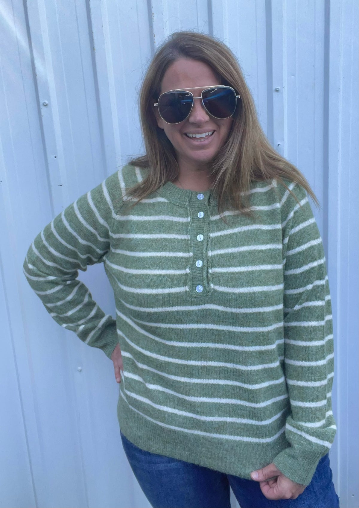 DARK SAGE Striped, Half Buttons, Raglan Sleeve, Pullover SWEATERS