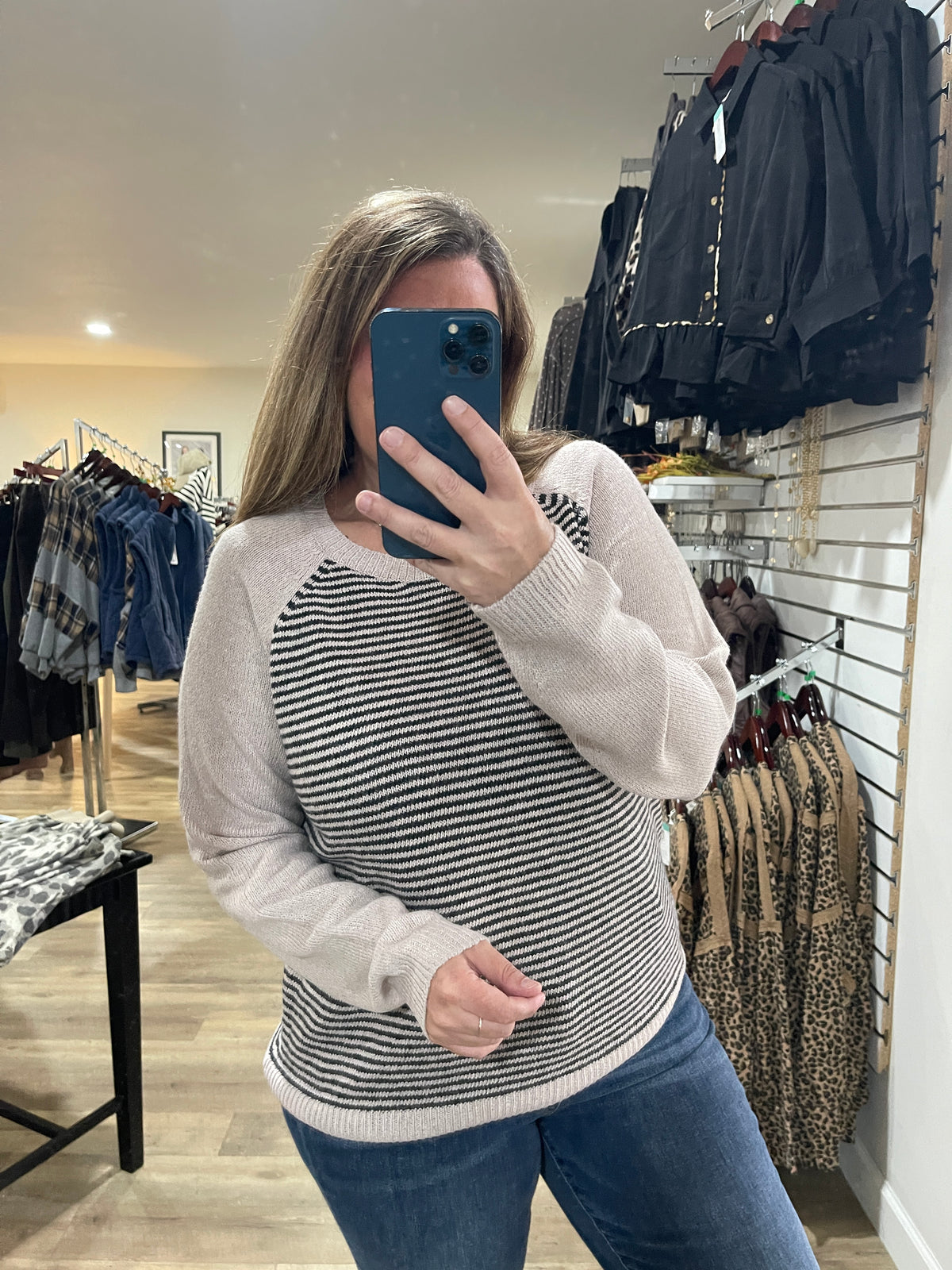TAUPE Baseball, Long Sleeve, Color Blocked, Pinstriped Crewneck Sweater