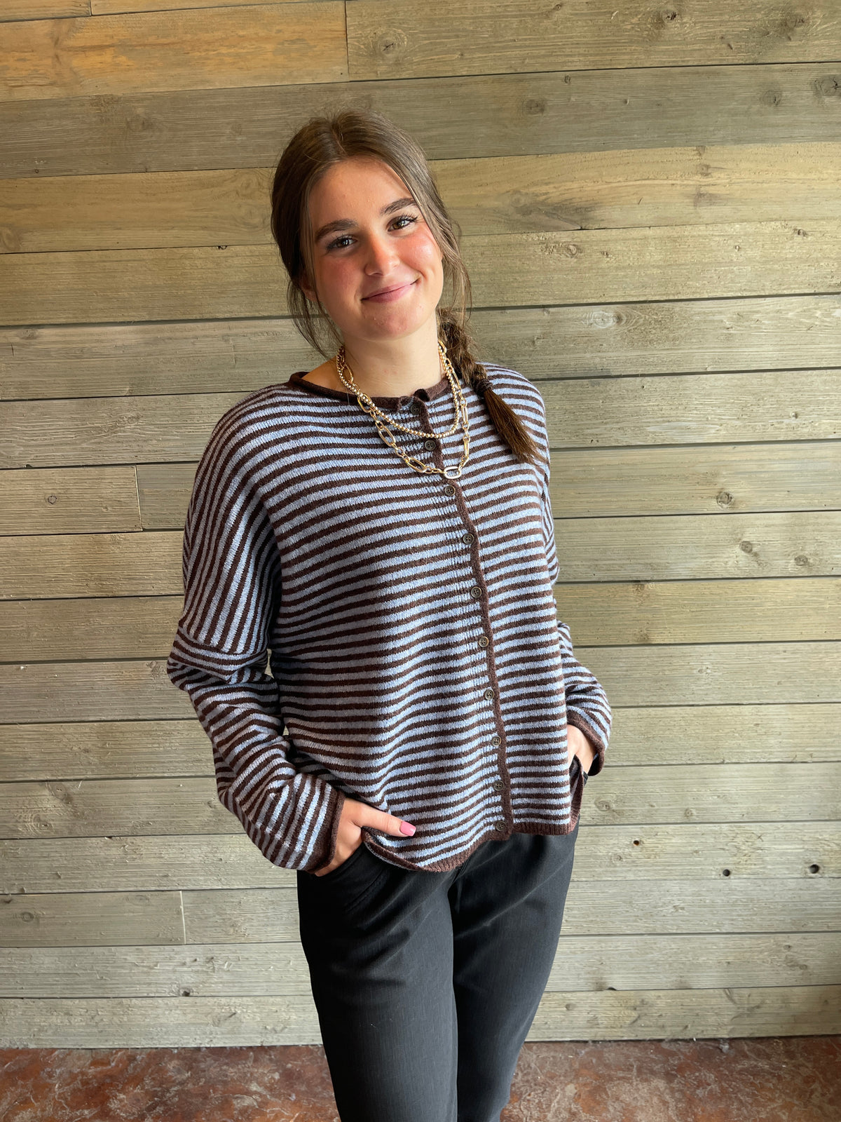 BLUE/BROWN STRIPED FULL BUTTON CARDIGAN/SWEATER