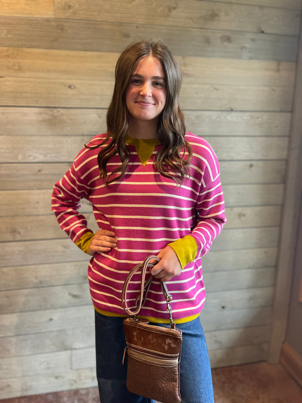 MAGENTA Color Contrast Crew Neck Long Sleeve Striped Sweater