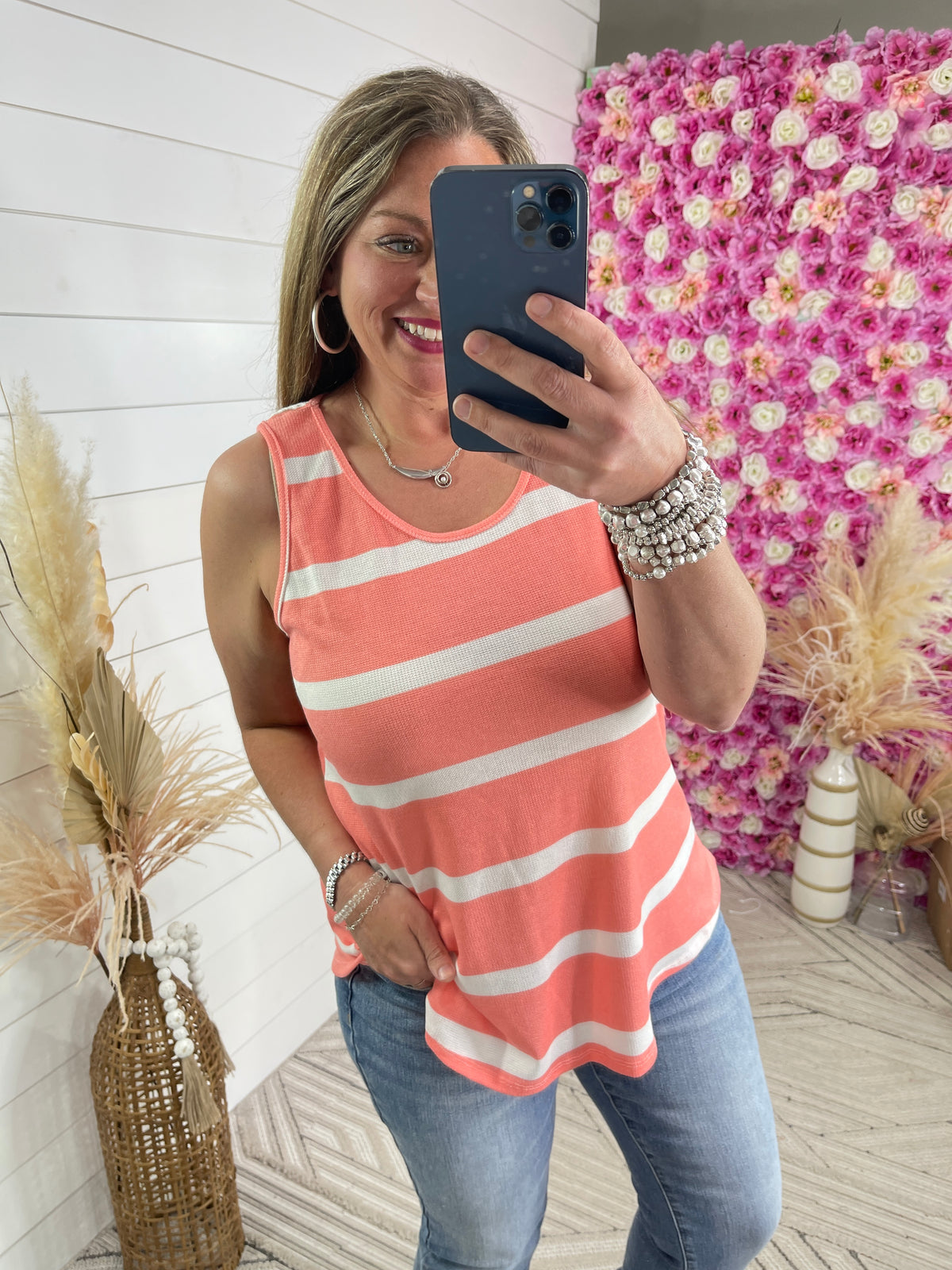 CORAL STRIPED KNIT TANK TOP