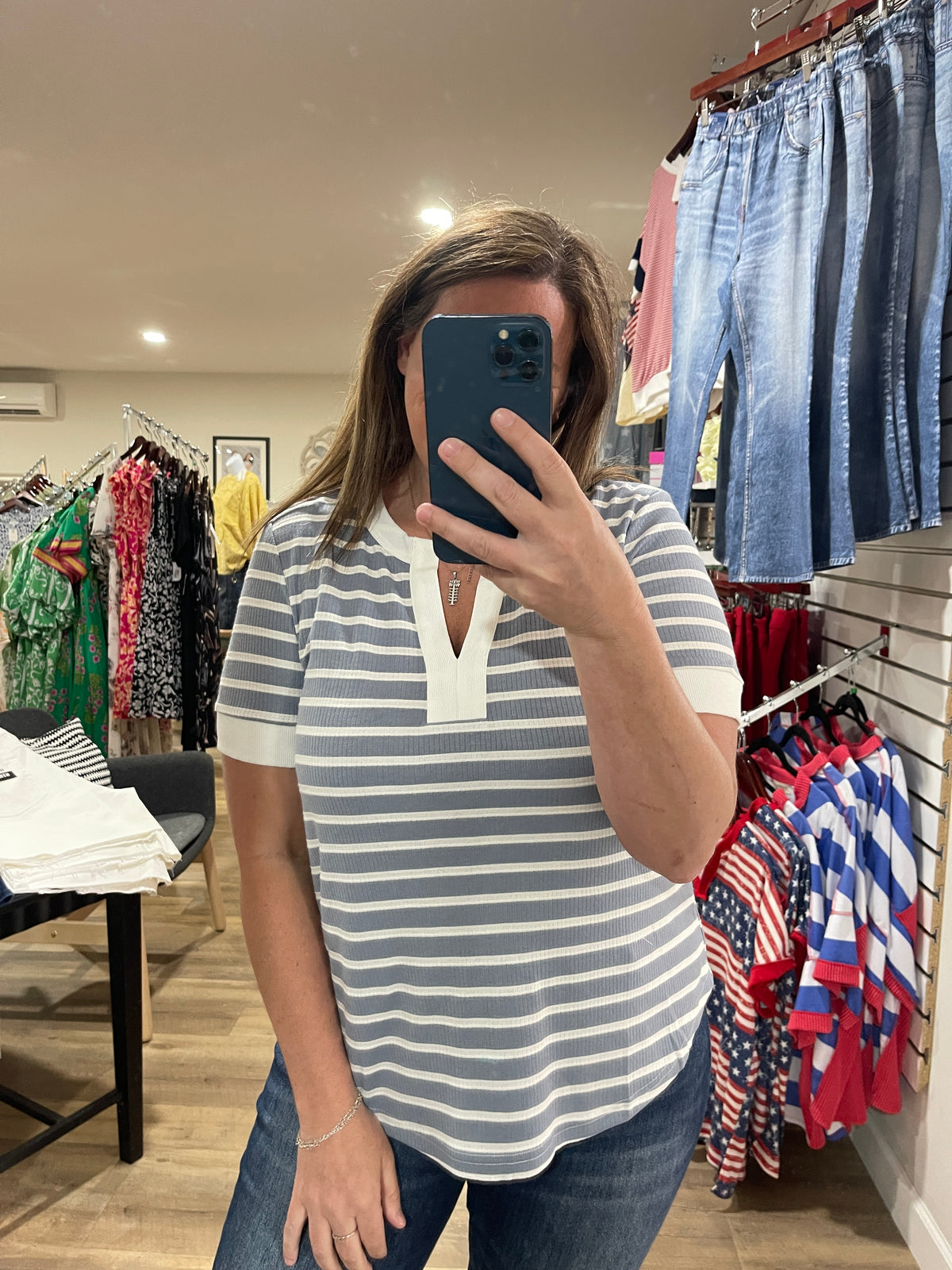 STEEL BLUE STRIPED V NECK KNIT TOP