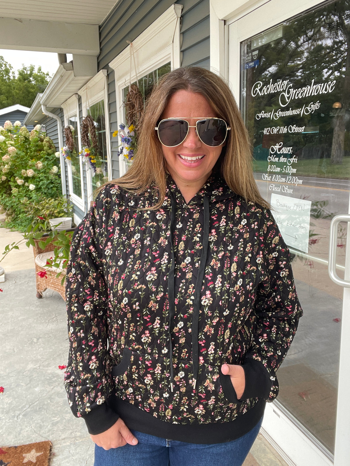 BLACK Printed Quilted Hoodie Pullover Top Kangaroo Pocket
