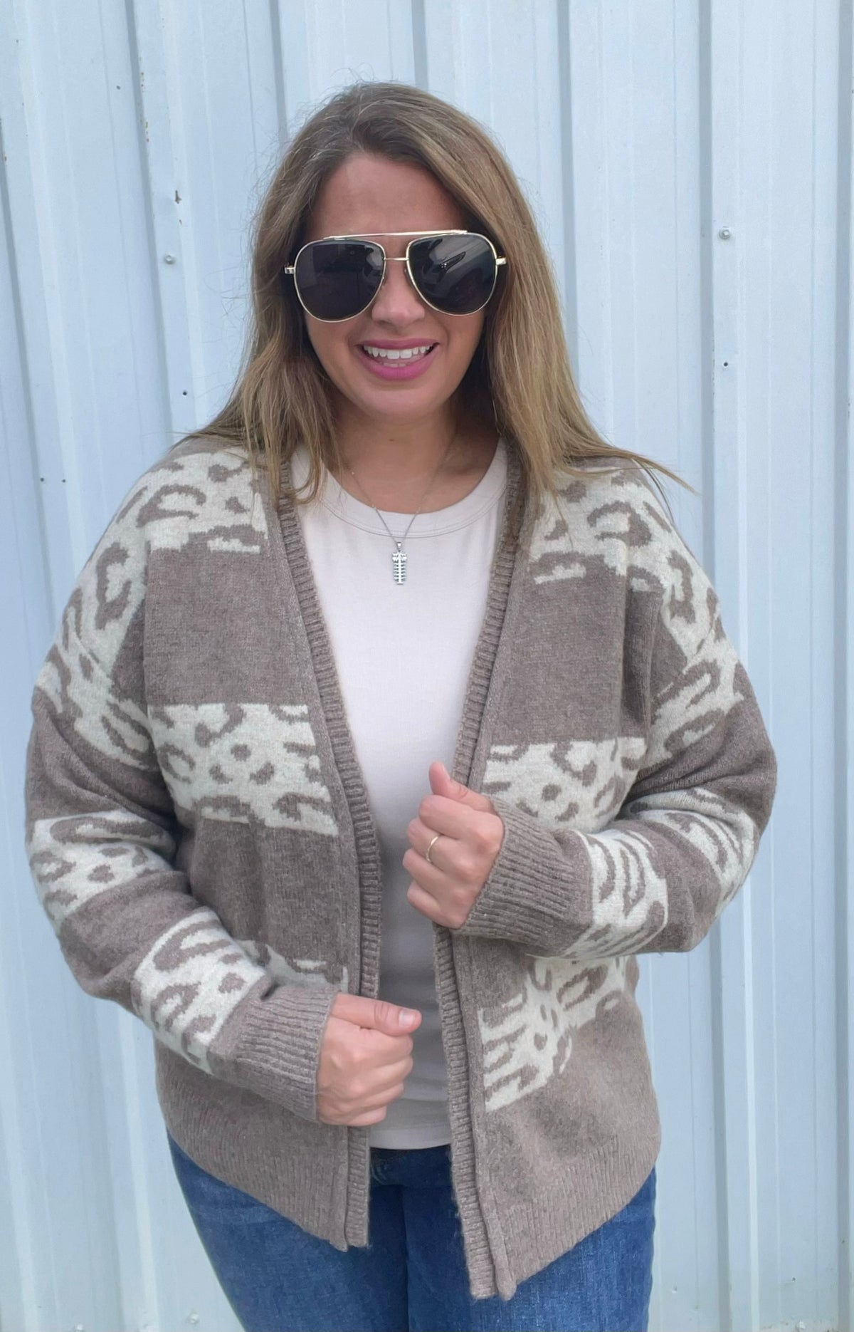 LT MOCHA Leopard Stripe Color Blocked, Open Front SWEATER CARDIGAN